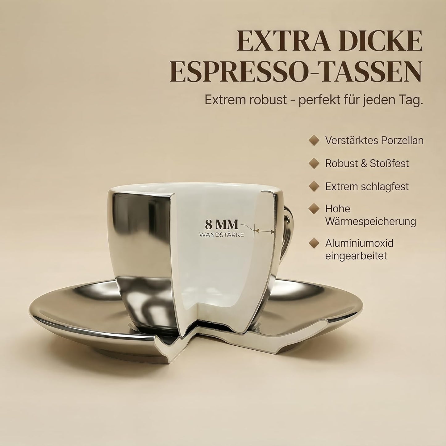 Espressotassen-Set mit Untertassen, Silber 60 ml
