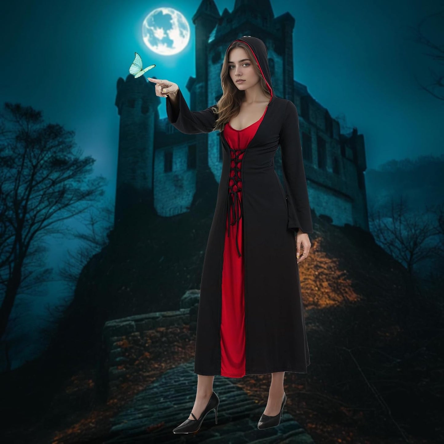 Mittelalter-Kostüm mit Kapuze für Halloween, S Schwarz und Rot