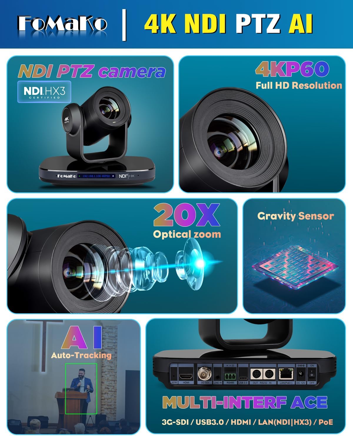 4K PTZ Kamera mit KI-Auto-Tracking & 20x Zoom, 4K 60FPS NDI PTZ Kamera