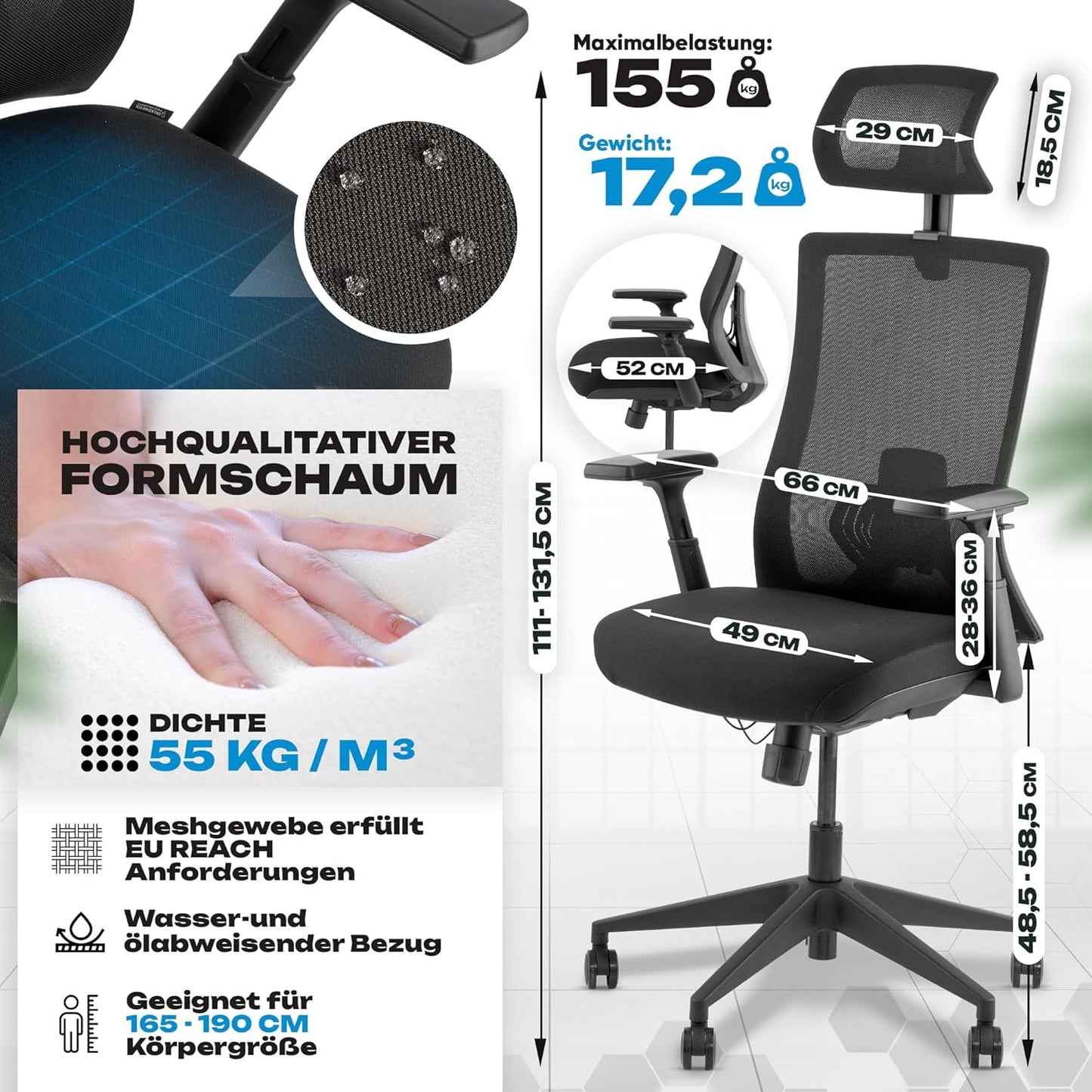Ergonomischer Bürostuhl M3 Pro mit Kopfstütze, Schwarz M3 Pro