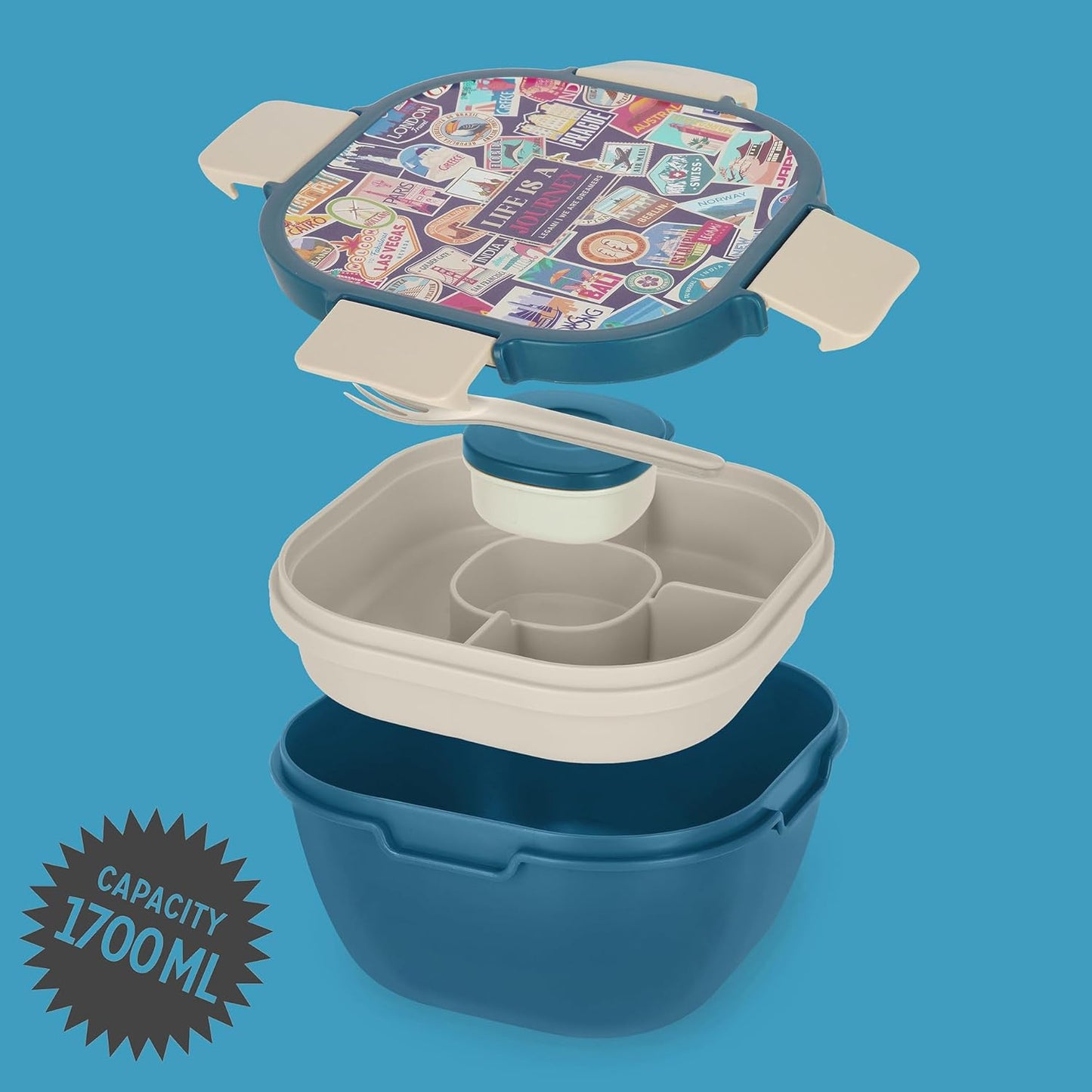 Lunchbox mit Fächern und Gewürzbehälter, TRAVEL STICKERS