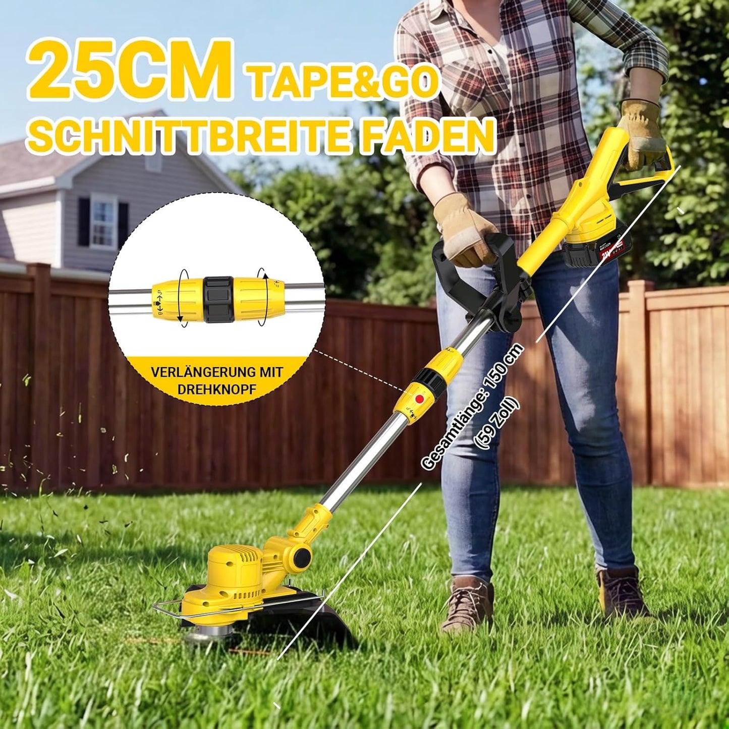 Akku Rasentrimmer mit Unkrautbürste und Freischneider, Gelb