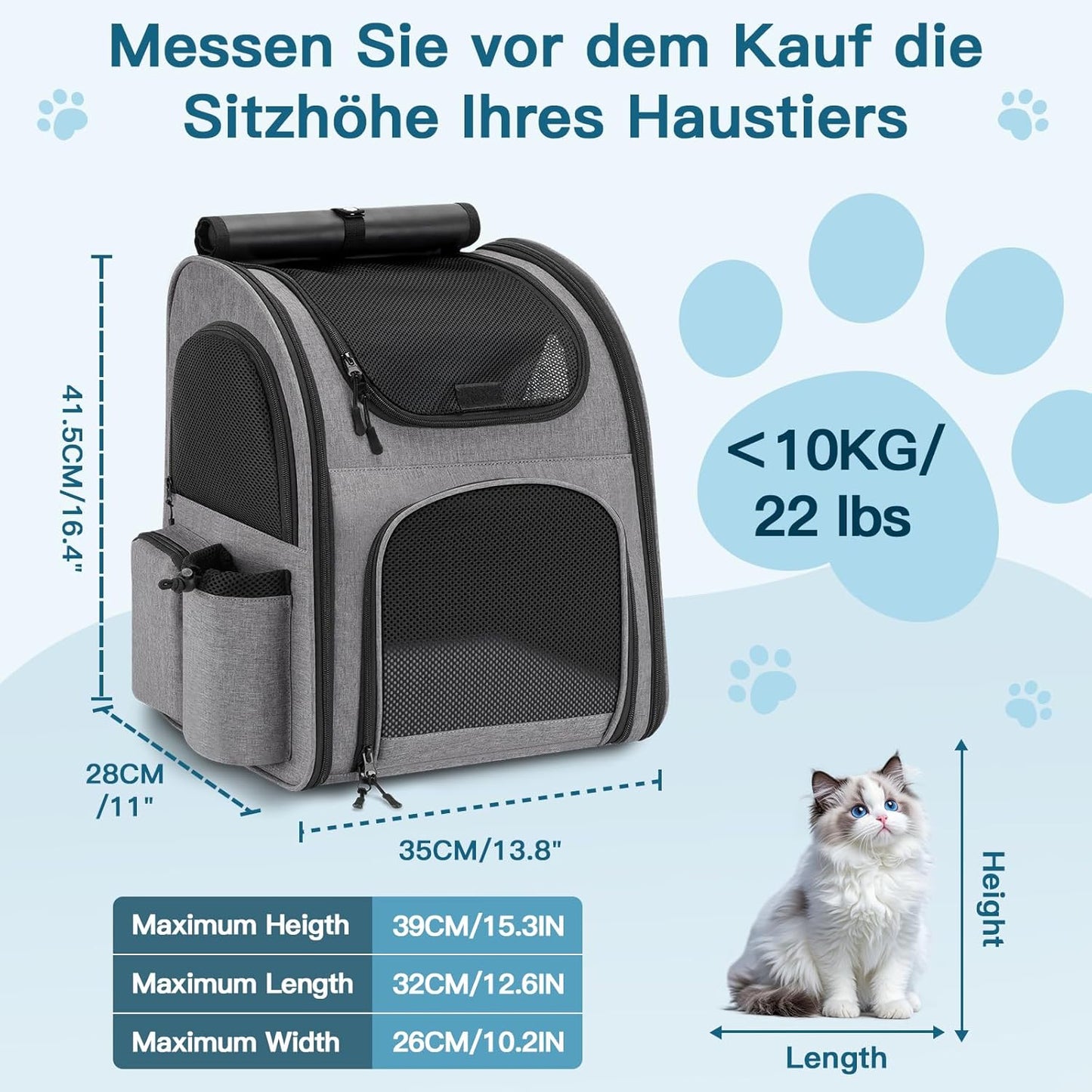 Haustier Rucksack mit Netzfenster, Grau