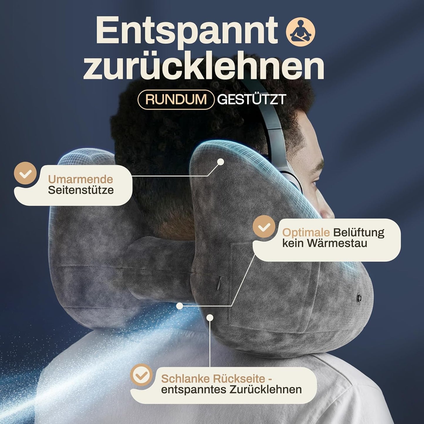 Aufblasbares Nackenkissen mit abnehmbarer Kapuze, Grösse L, Dunkelgrau Gross - passt den meisten