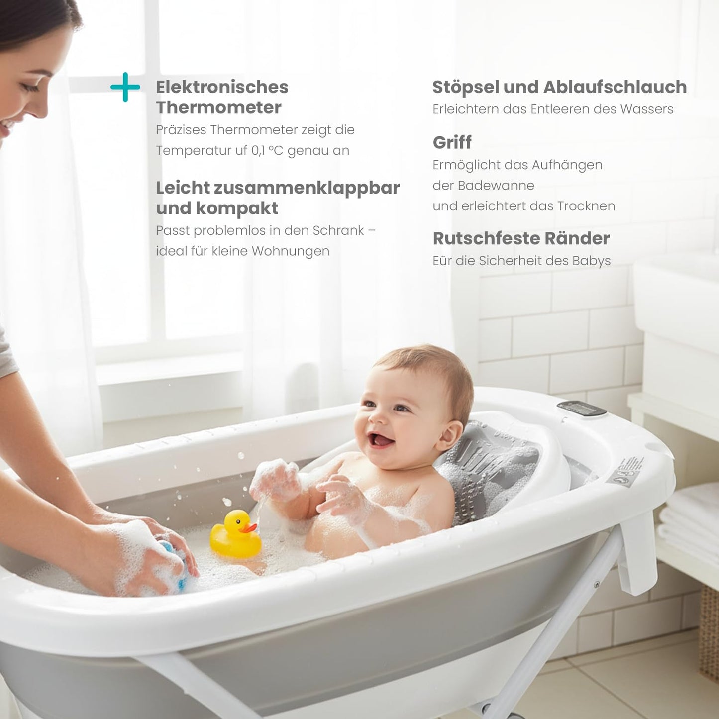 Faltbare Babybadewanne mit Badesitz und Thermometer, Milo Grau (Badesitz, Thermometer) Faltbare Babybadewanne mit Gestell