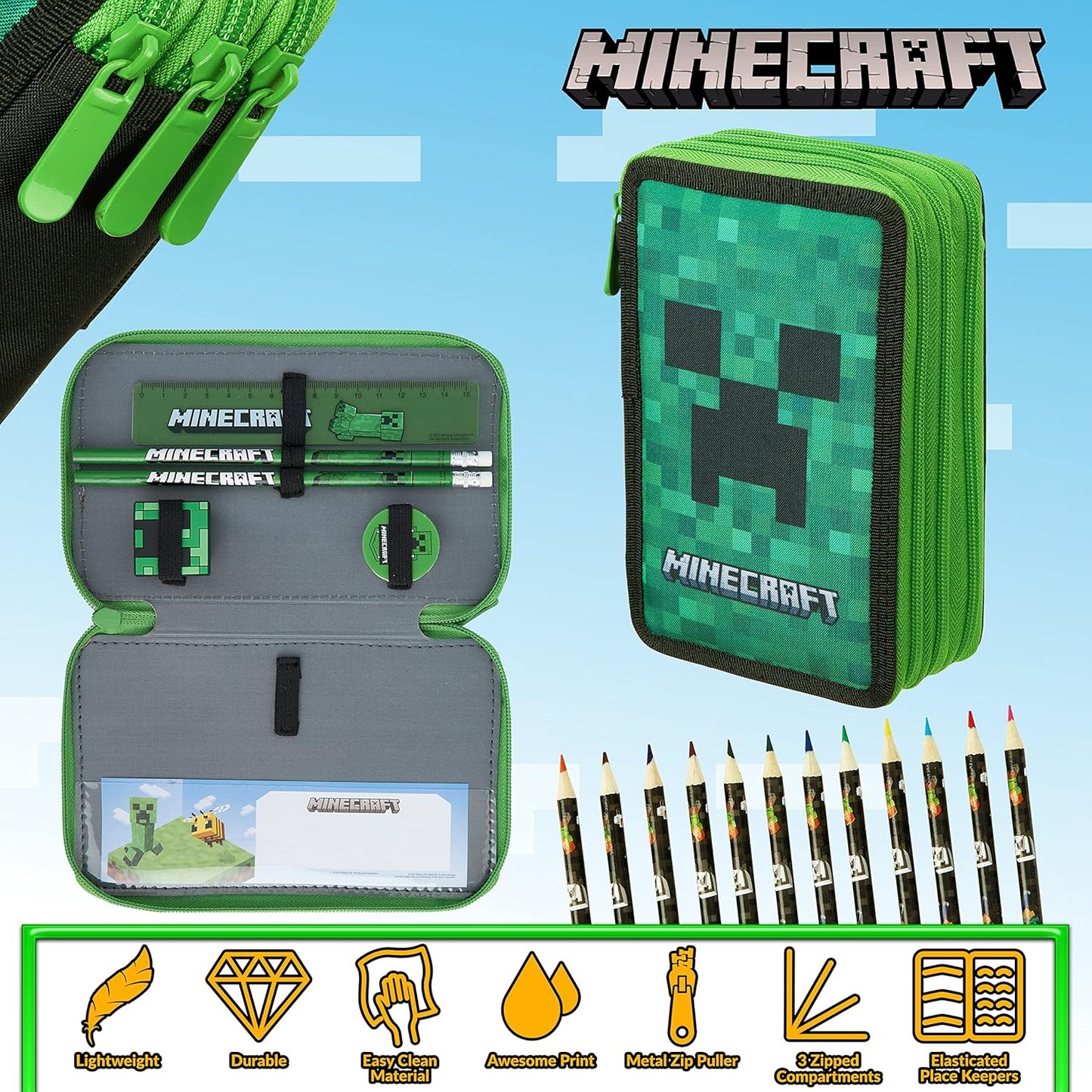 Federmäppchen mit Schreibwaren für Gamer, Grün Creeper