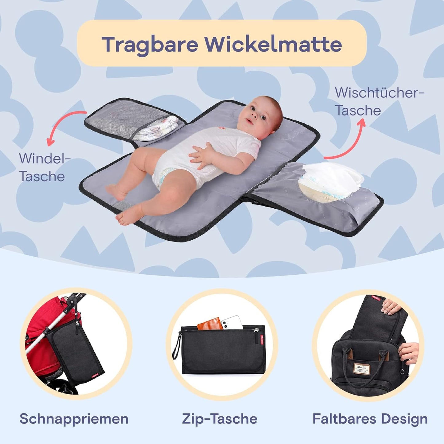 Baby Wickelrucksack mit Wickelauflage und Kinderwagengurten, Schwarz