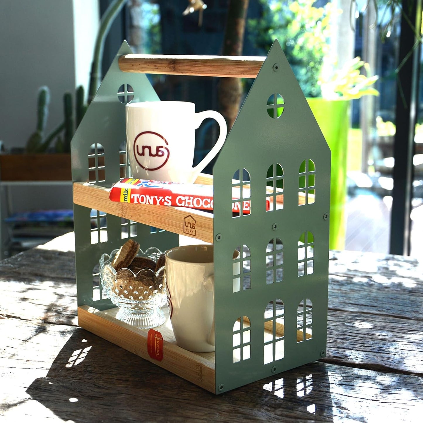 Haus-Etagere mit 2 Etagen und Griff, Grün 16 x 26.5 x 34 cm