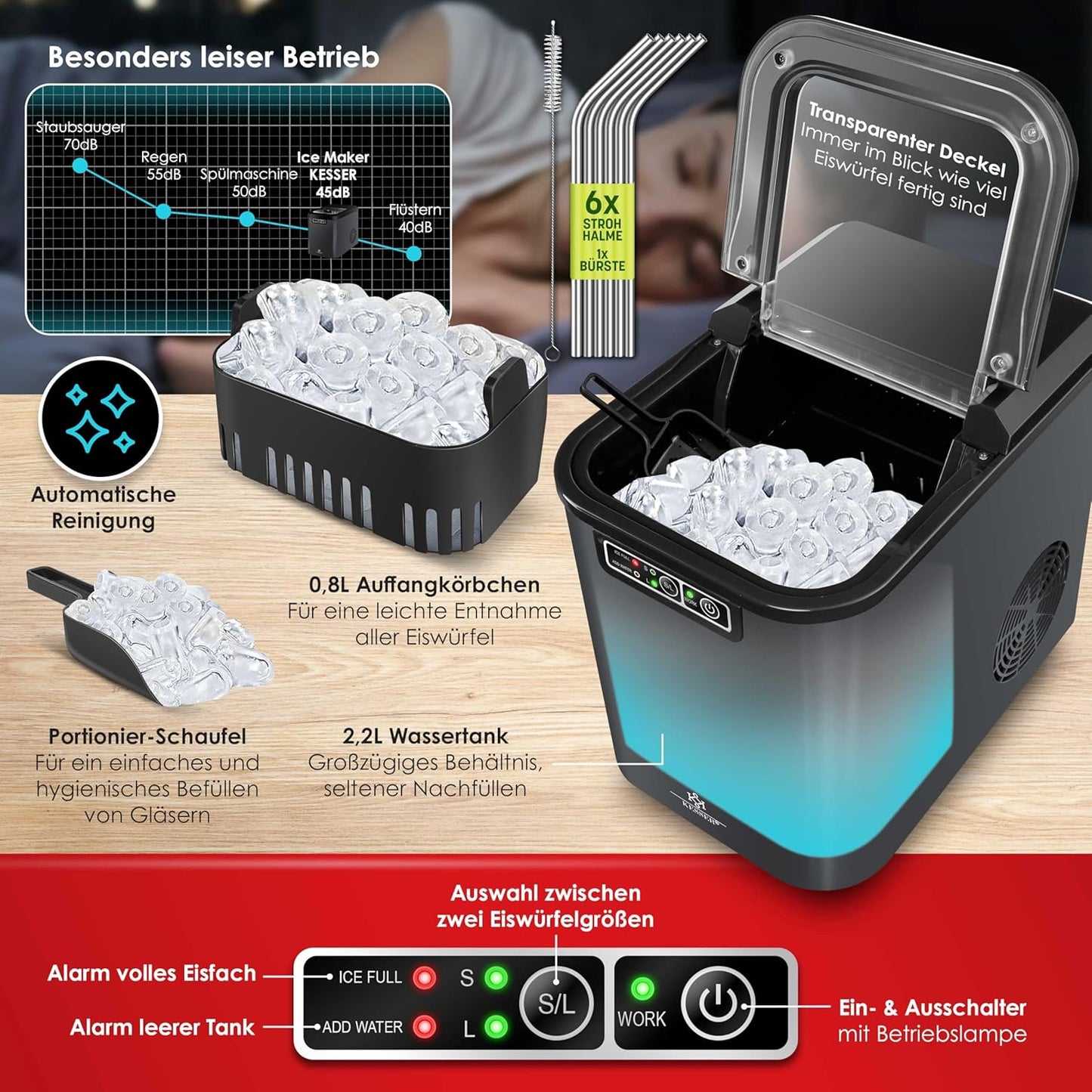 Eiswürfelmaschine mit LED-Display, Anthrazit
