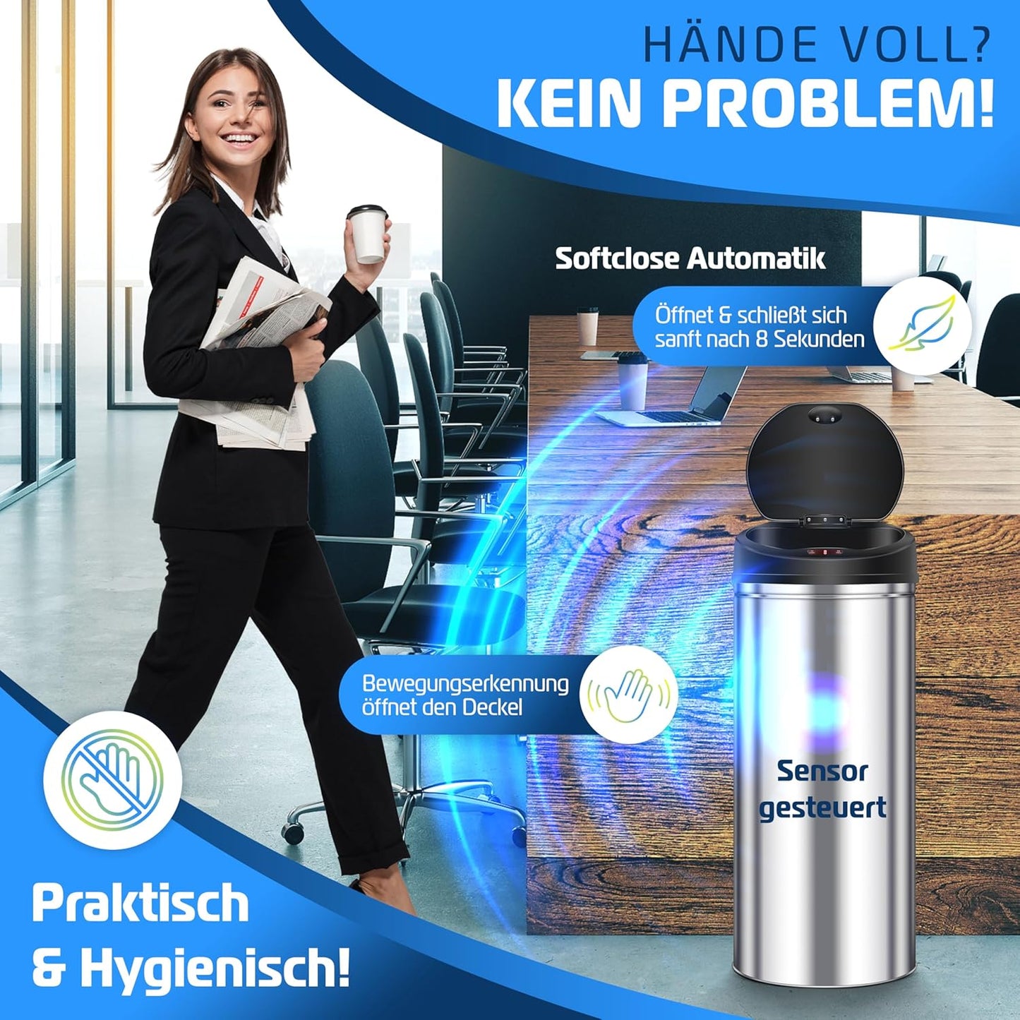 Sensor Abfalleimer mit Automatikfunktion, 40 Liter Silber