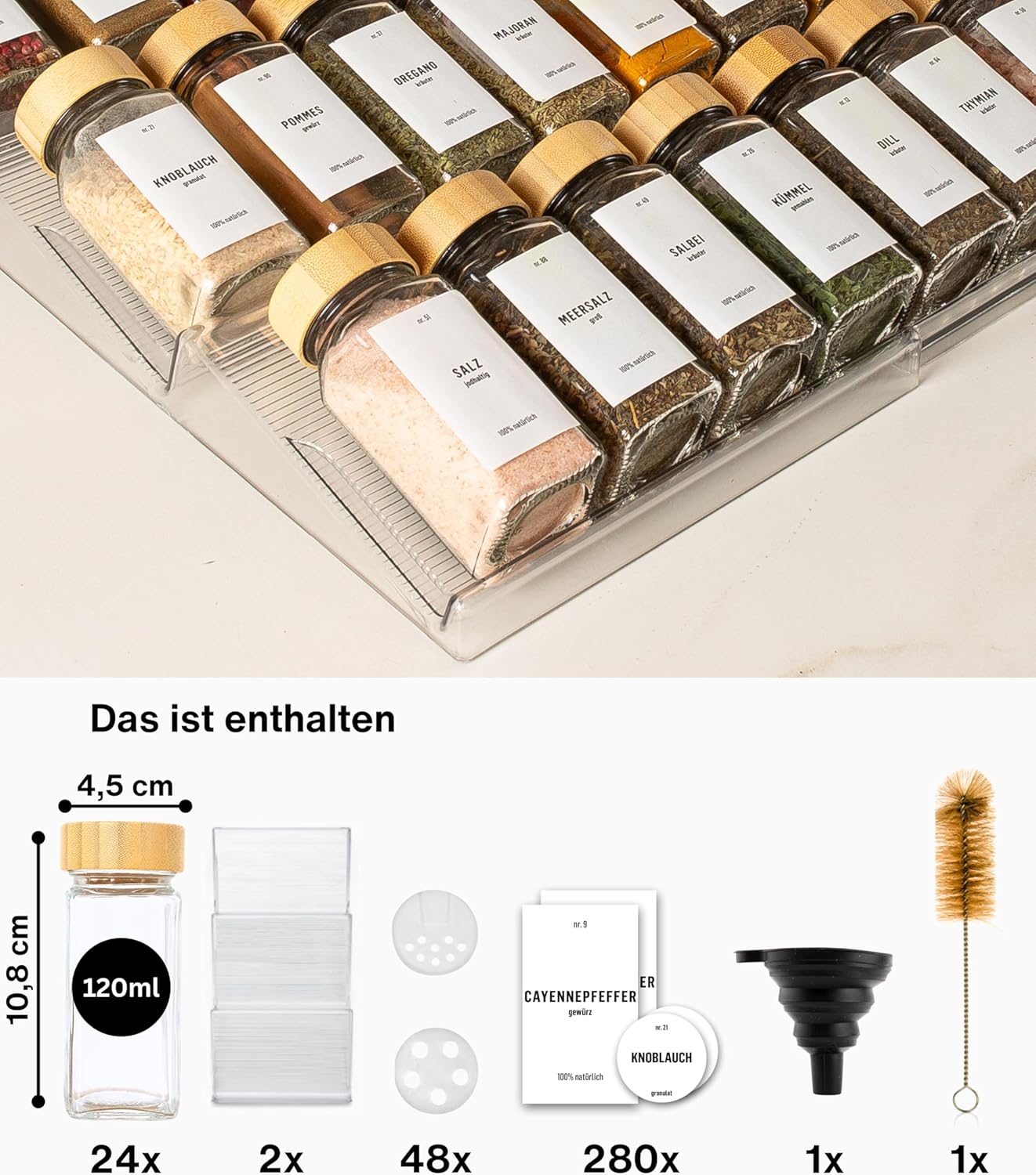 Gewürzgläser-Set mit Schubladeneinsatz, 24 Stk, ausziehbar, Transparent, Deckel Bambus