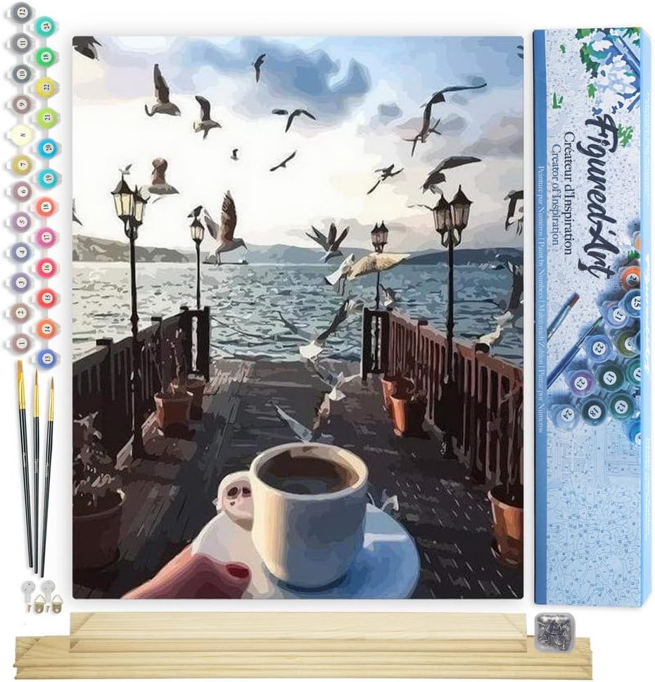 Malen nach Zahlen - Kaffee und Möwen am Wasser, Kaffee und Möwen am Wasser 40x50cm Mit Keilrahmen (nicht gespannt)