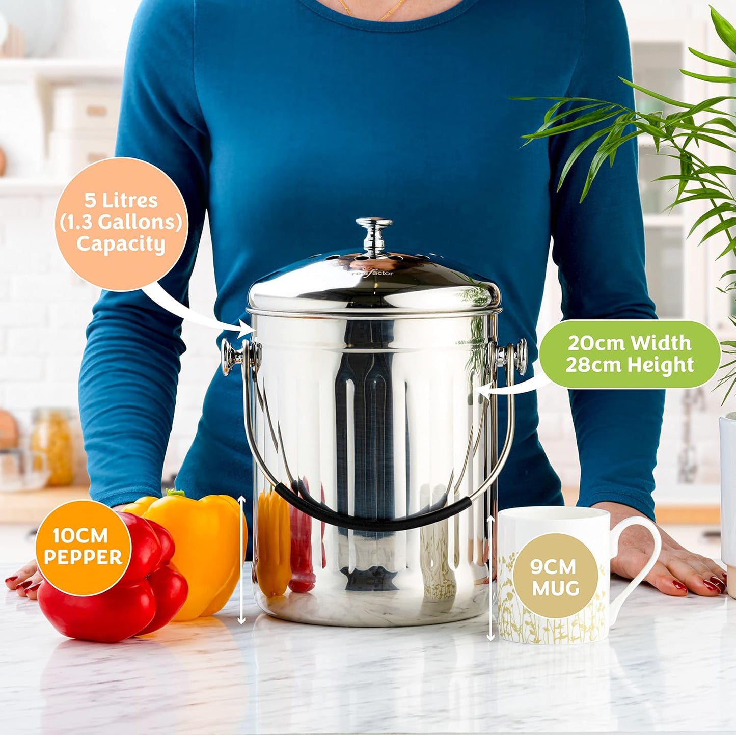 Kompostbehälter für Küche, Glänzender Stahl 5 Liter