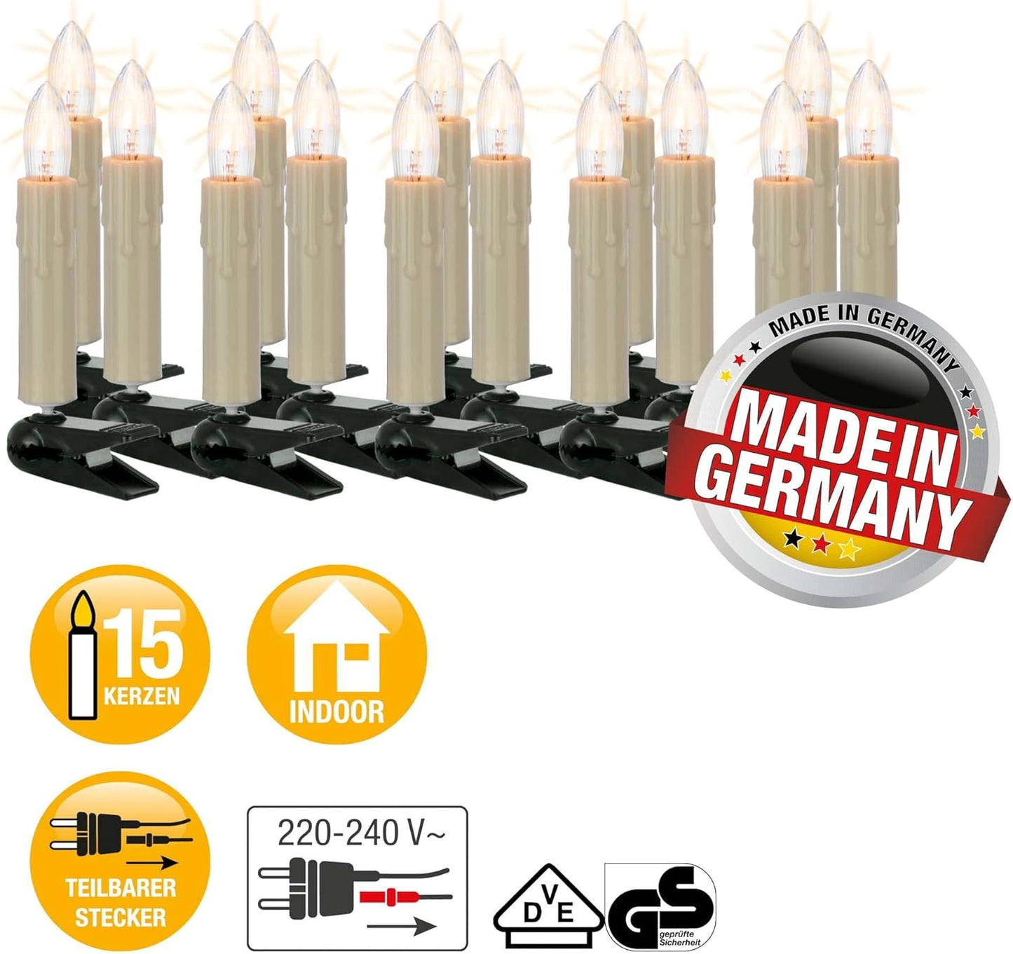 Weihnachtsbaum-Lichterkette mit Riffelkerzen, Elfenbein 15 Lichter (+ 3 Ersatz) / 9,8m beleuchtet