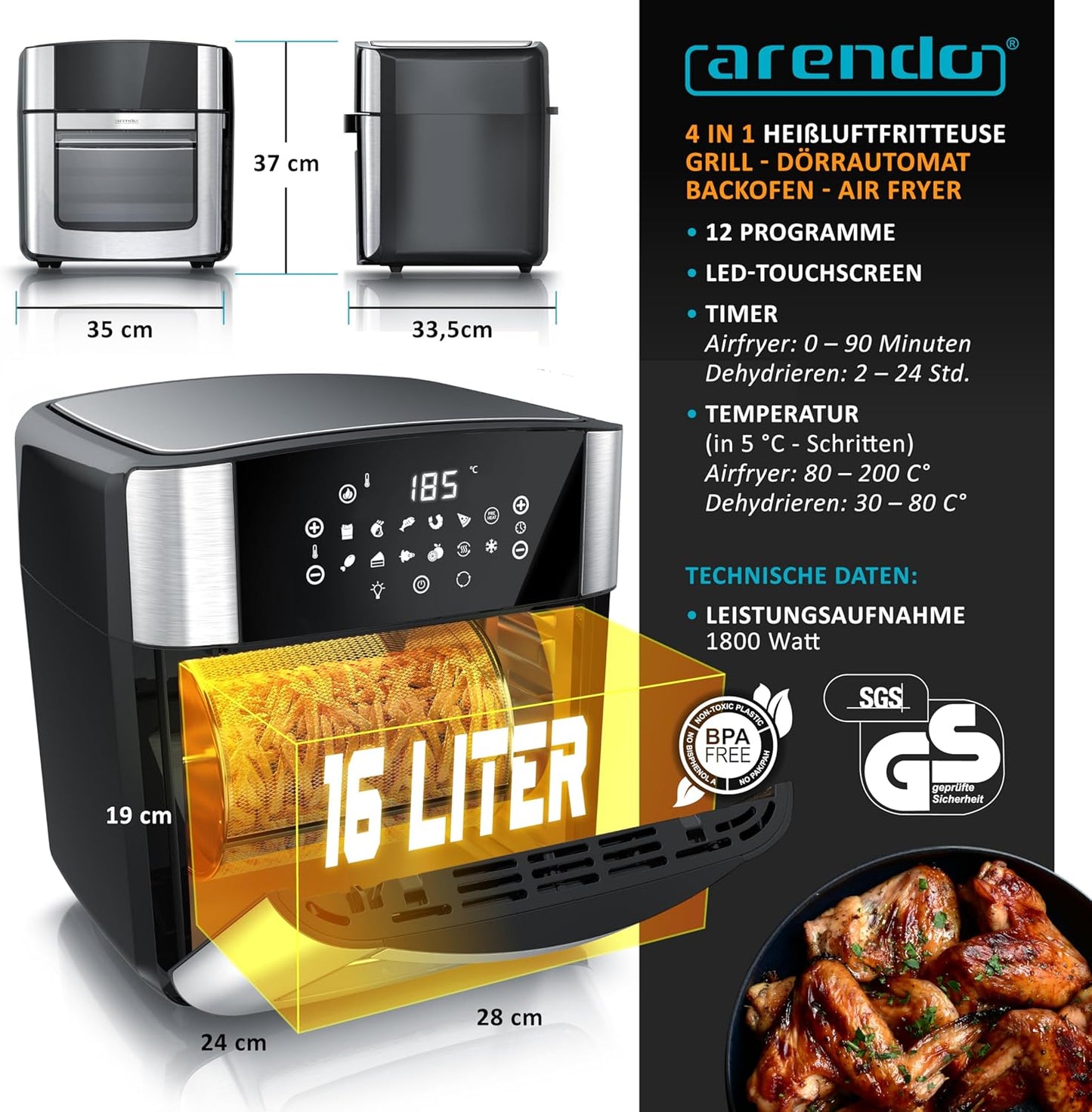 FRY TIME 2 XXL-Heissluftfritteuse mit Grill & Dörrautomat, A: 16 Liter