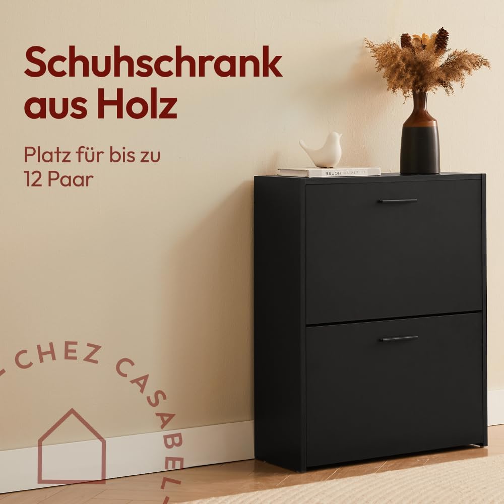 Schuhschrank mit 2 Klappen für 12 Paar Schuhe, Schwarz 2 Türen