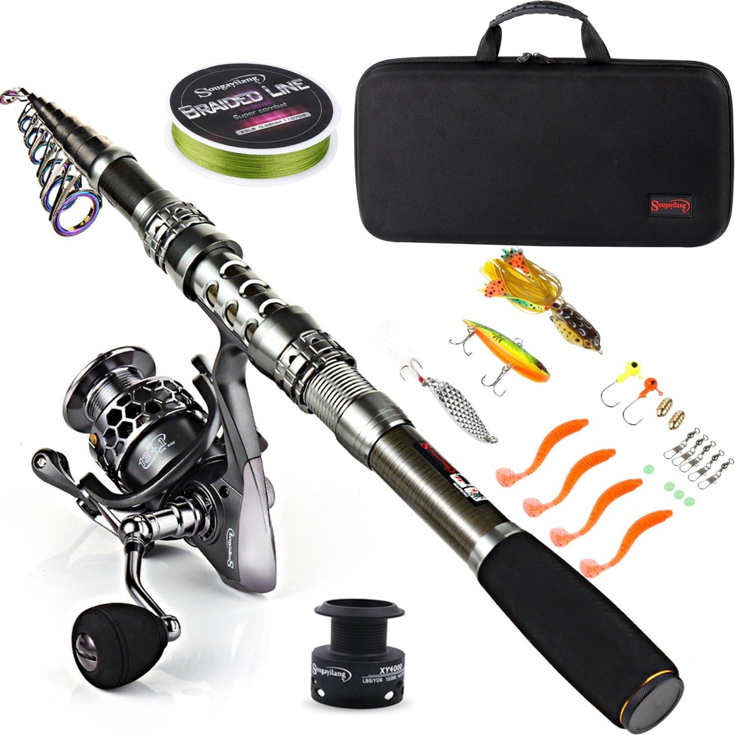 Teleskopische Angelrute mit Rolle und Zubehör-Set, Angel-Komplettsets mit Tragetasche ; 2,1M