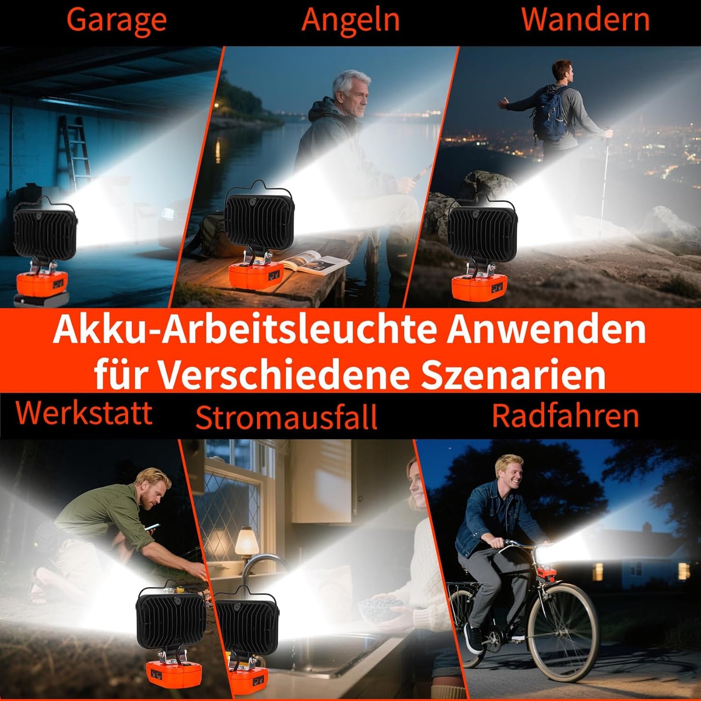 Kabellose LED Arbeitsleuchte ohne Akku, Rot-für Black+decker Akku 20v