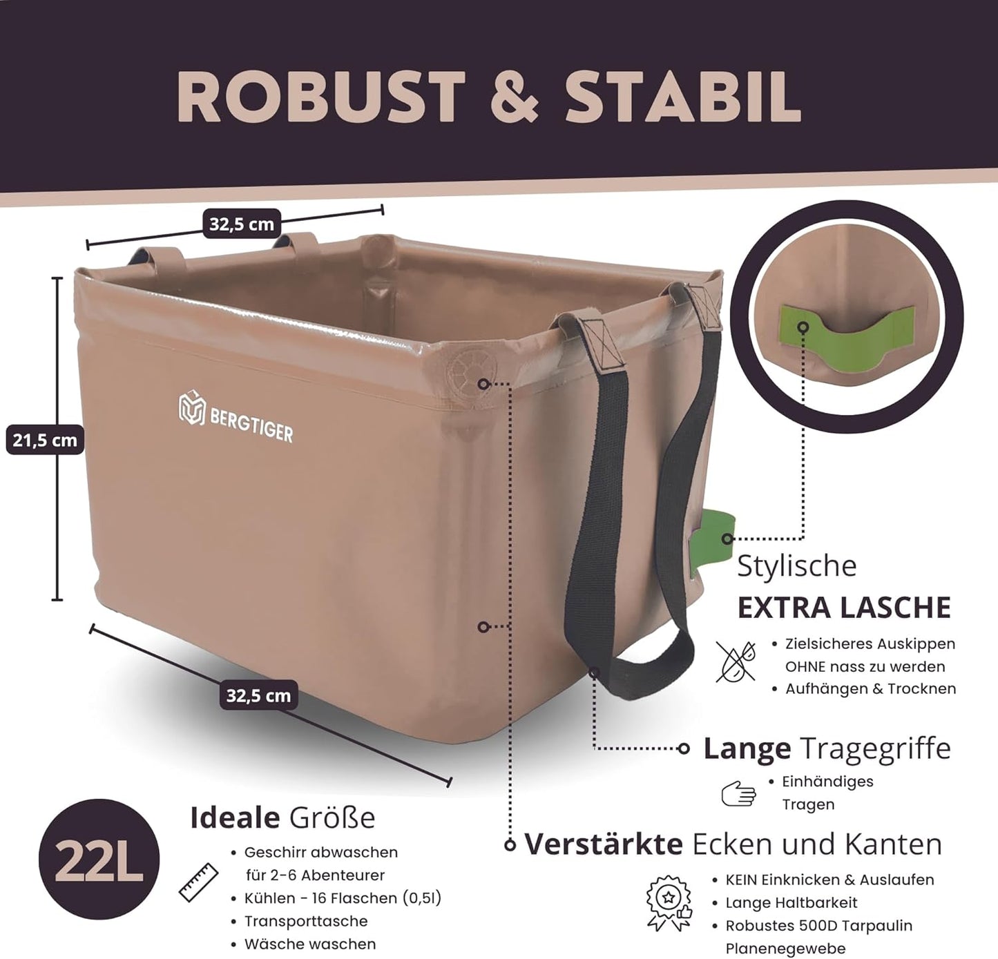 Faltbare Camping-Spülschüssel mit Griff, Khaki / Olive - 21 Liter