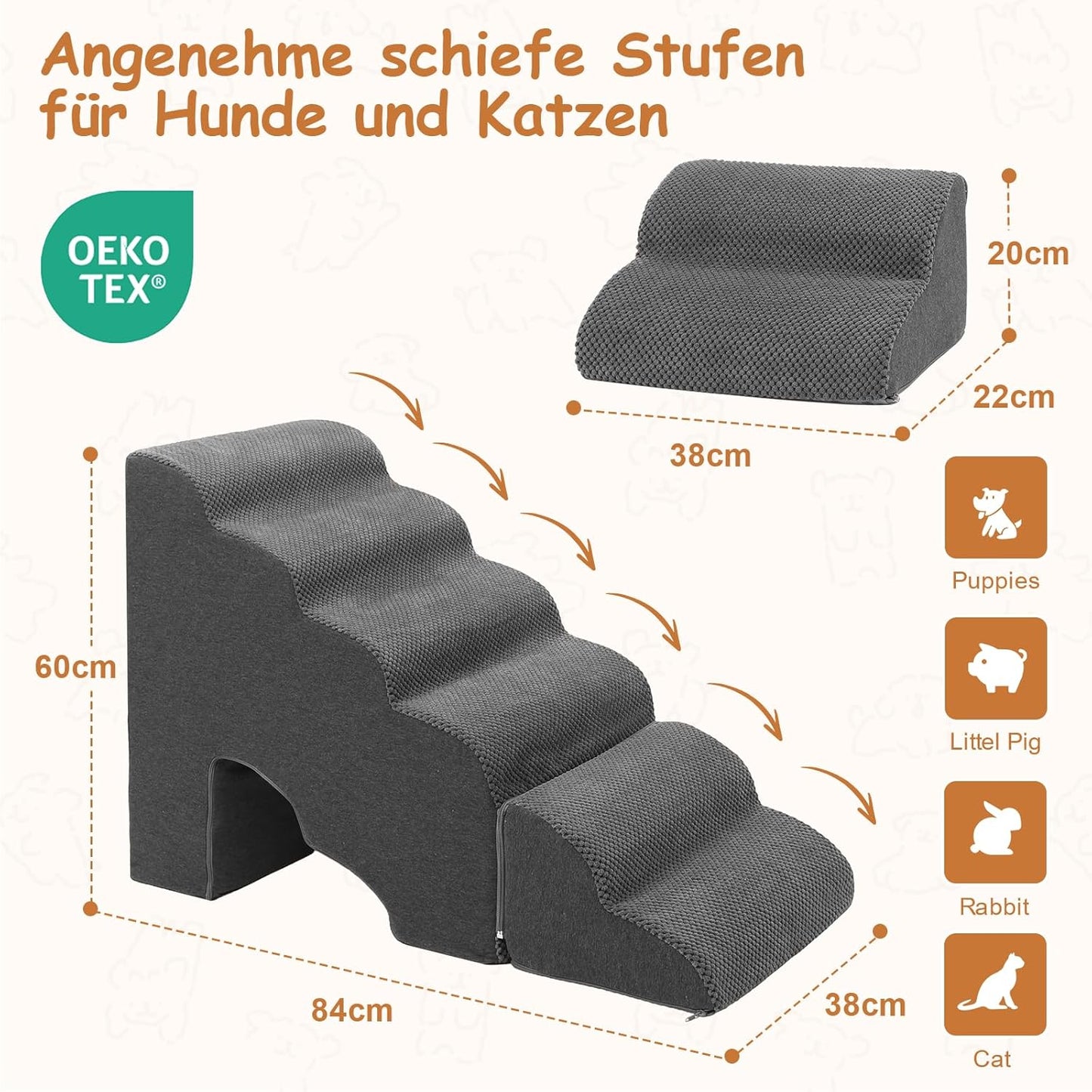 Haustiertreppe für kleine Hunde, 6 stufen Grau 6 Stufen