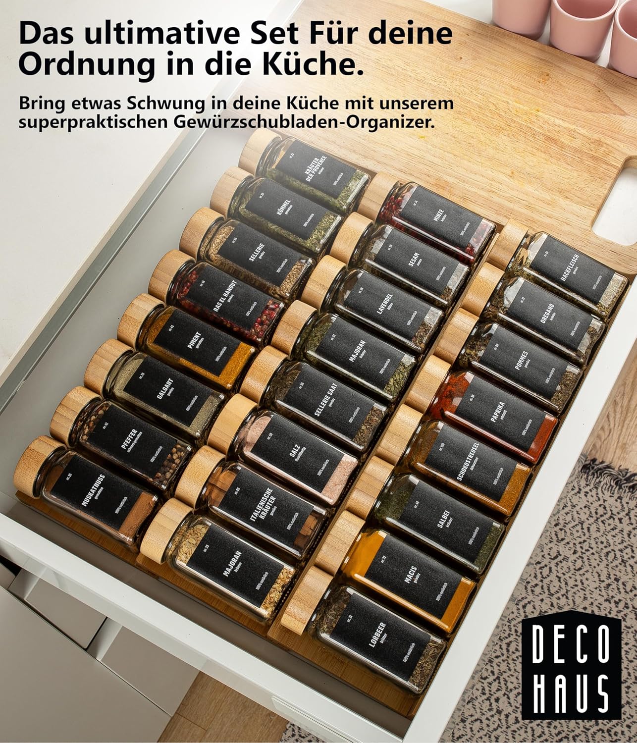 Gewürzgläser-Set mit Schubladeneinsatz, 24 Stk, fix, Bambus, Deckel Bambus