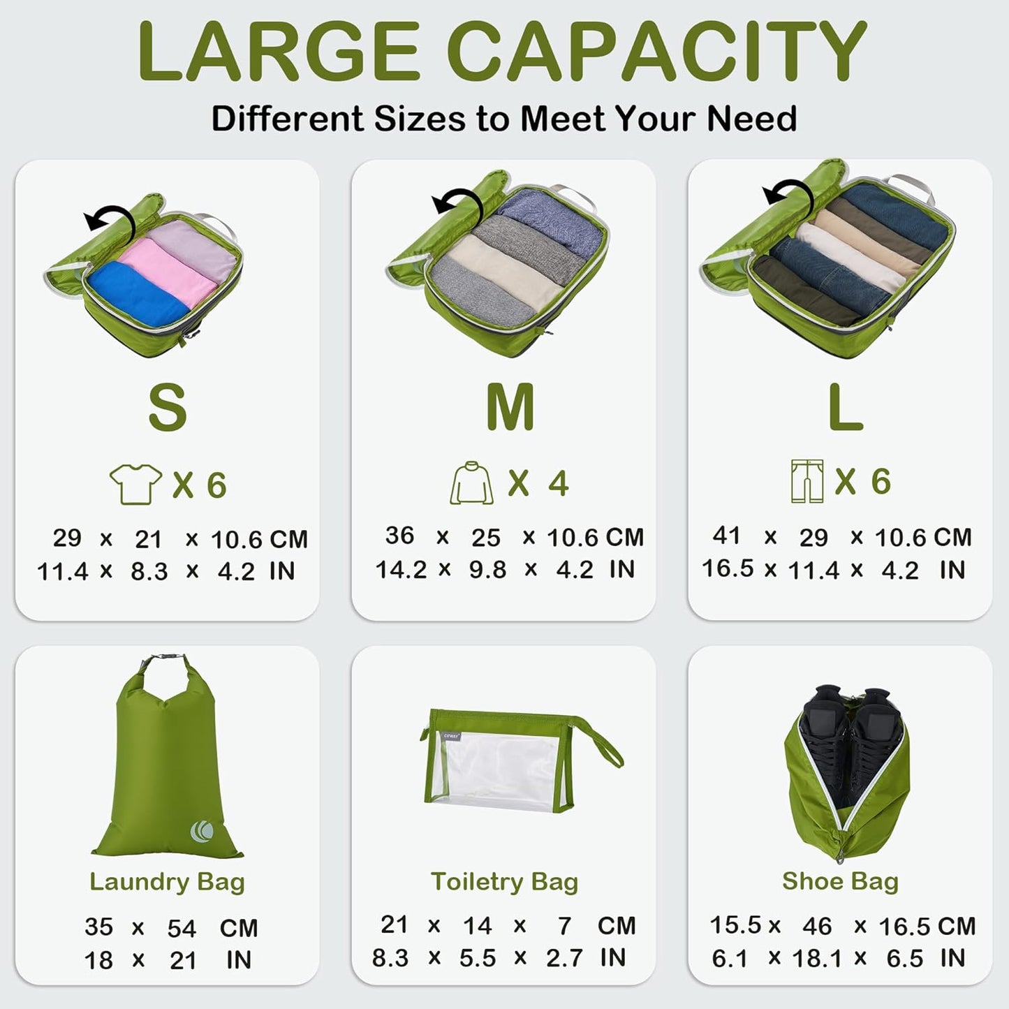 Kompression Kofferorganizer Set, 8PCS Grün