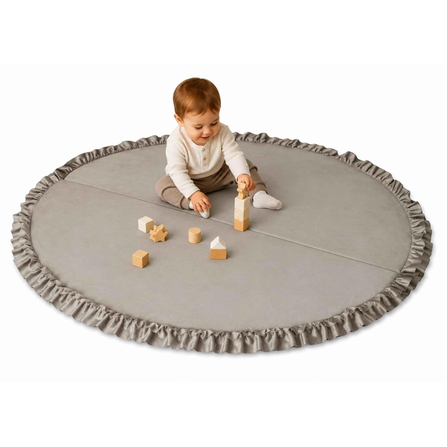 Runde Baby-Spielmatte aus Samt, Beige mit Rüschen