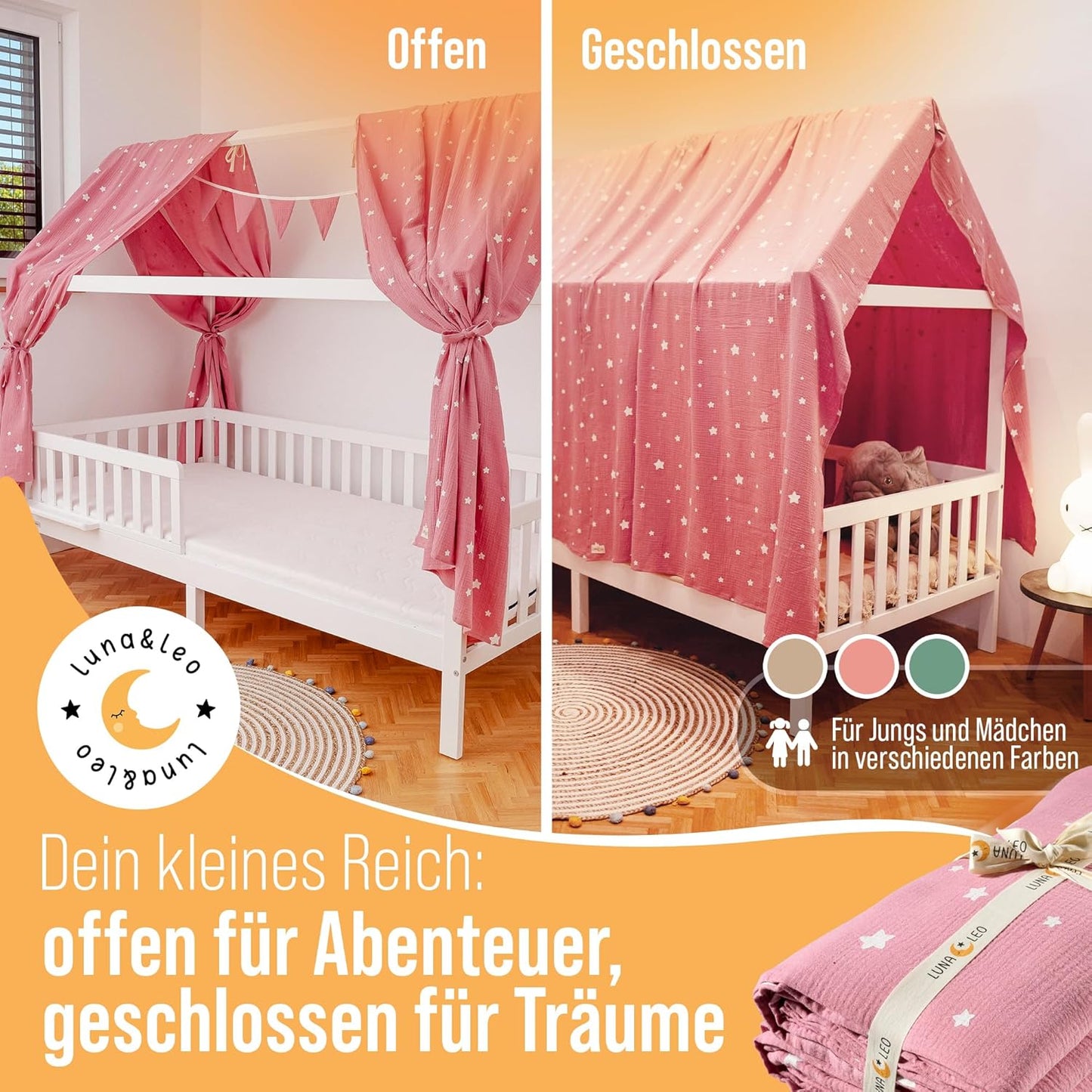 Hausbett-Himmel Set mit Sternendruck, Altrosa Sterne H320 x B130 cm (2er Set)