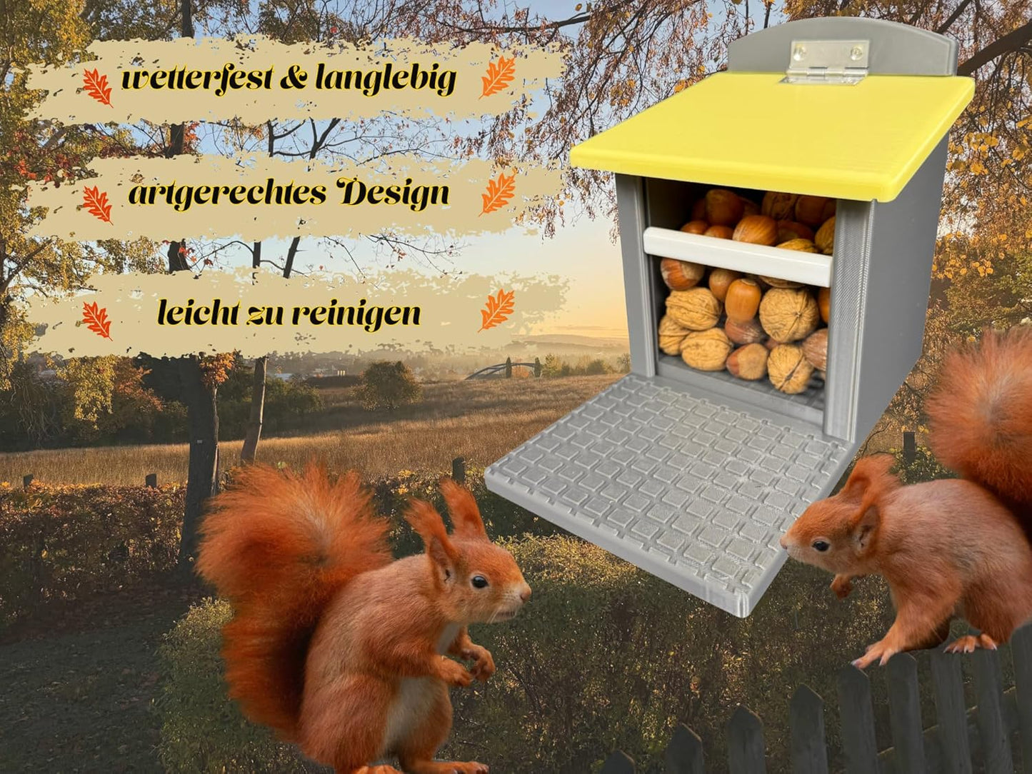 Witterungsbeständiges Eichhörnchen-Futterhaus, Grau mit gelbem Dach