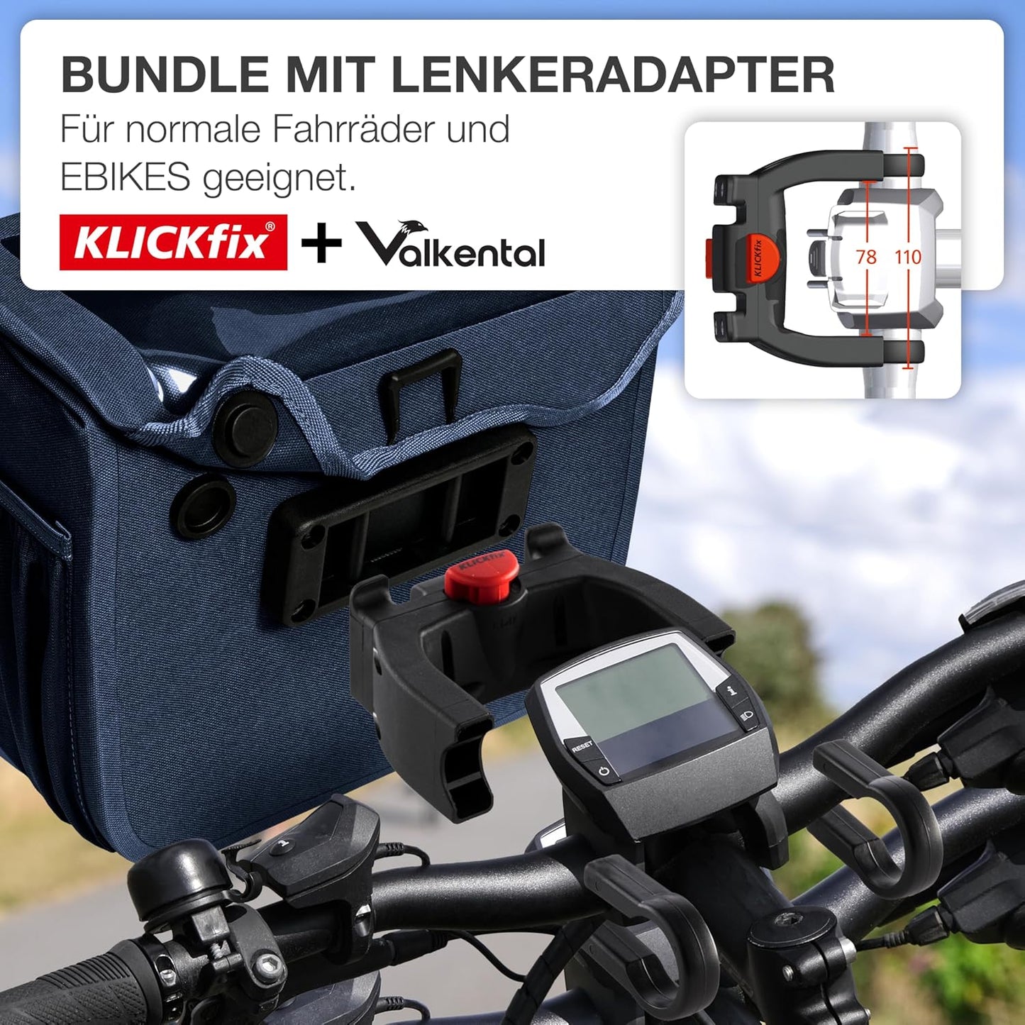 Klickfix Lenkertasche mit Handyfach 7l, Blau Adapter