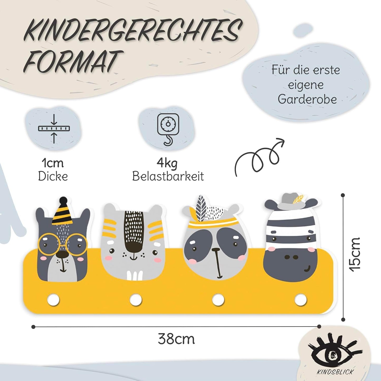Kindergarderobe mit 4 Haken & A4 Poster, Indianer Senfgelb