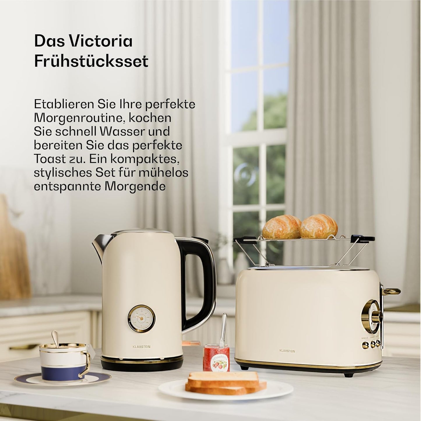 Retro-Frühstücksset Victoria, Creme Toaster + Wasserkocher