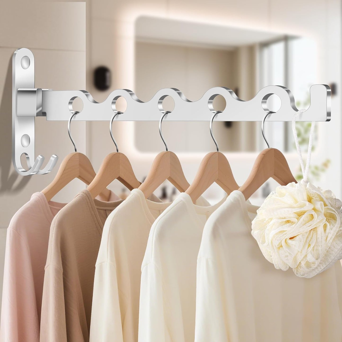 Klappbarer Kleiderständer für die Wandmontage, Silber, 2 Stück + Stange