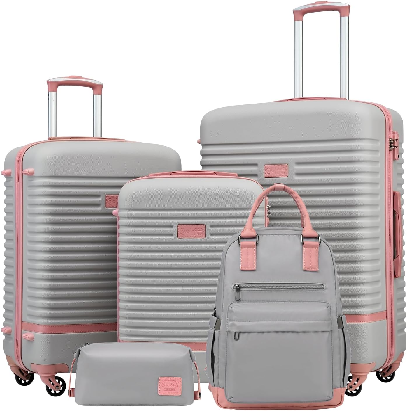 5-teiliges Trolley-Set mit Reiserucksack und Kulturbeutel, Koffer-Set 5tlg / Grau/Rosa