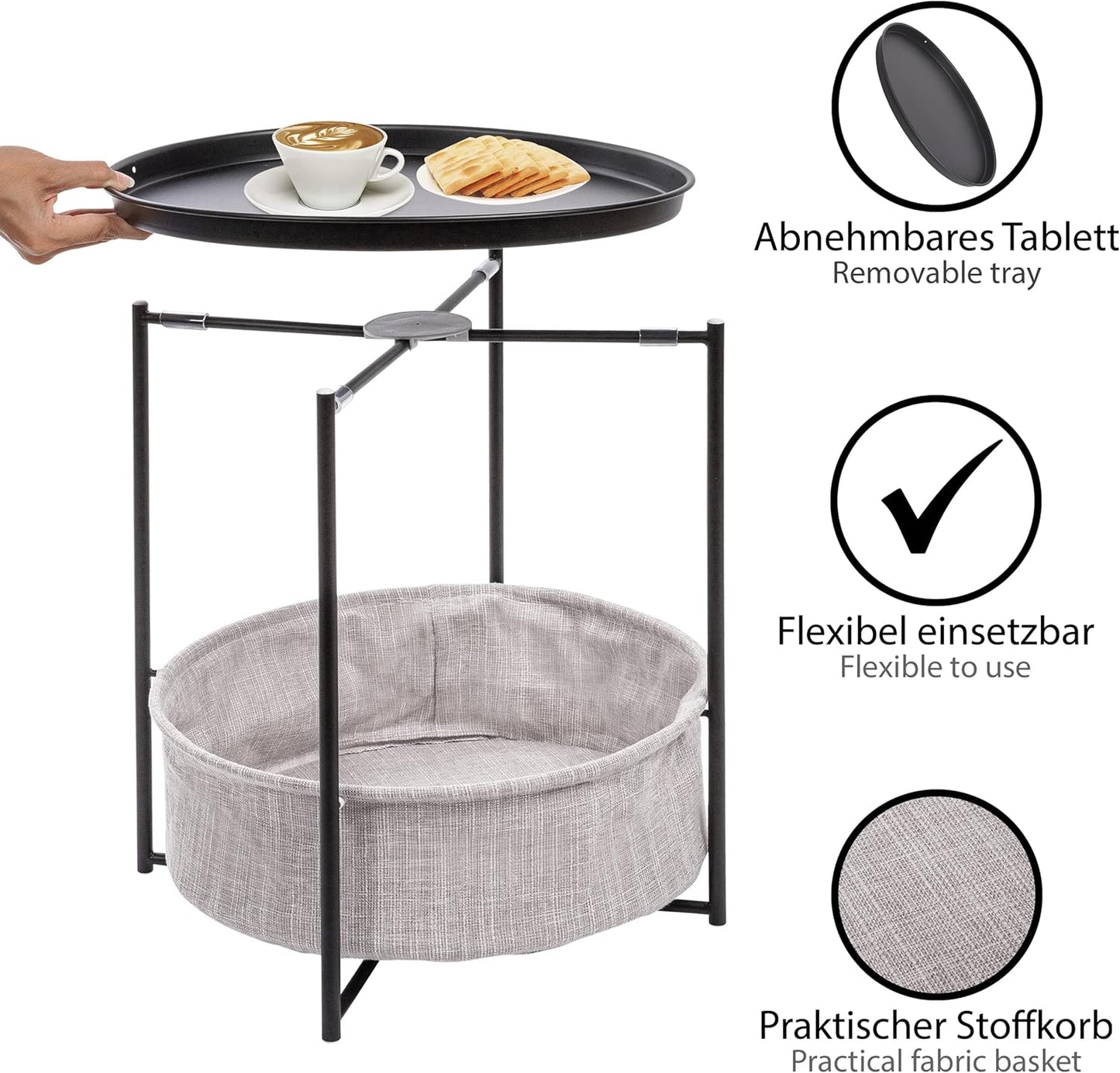 Runder Couchtisch mit Korb & Tablett, Schwarz