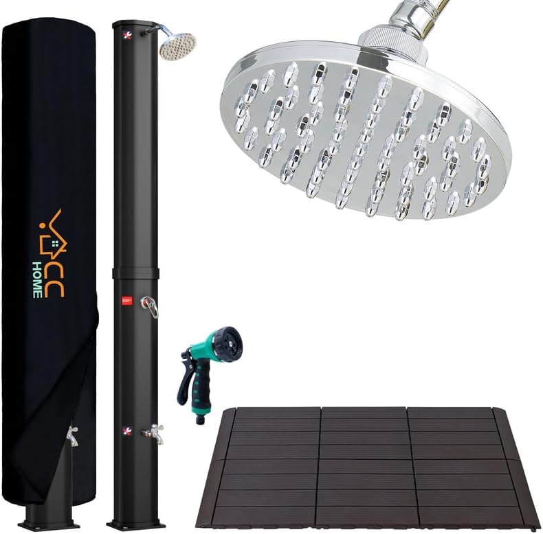 Solardusche mit Handbrause und Kunststoffboden (60L), 60L, mit Kunststoffboden und Handbrause,Schwarz