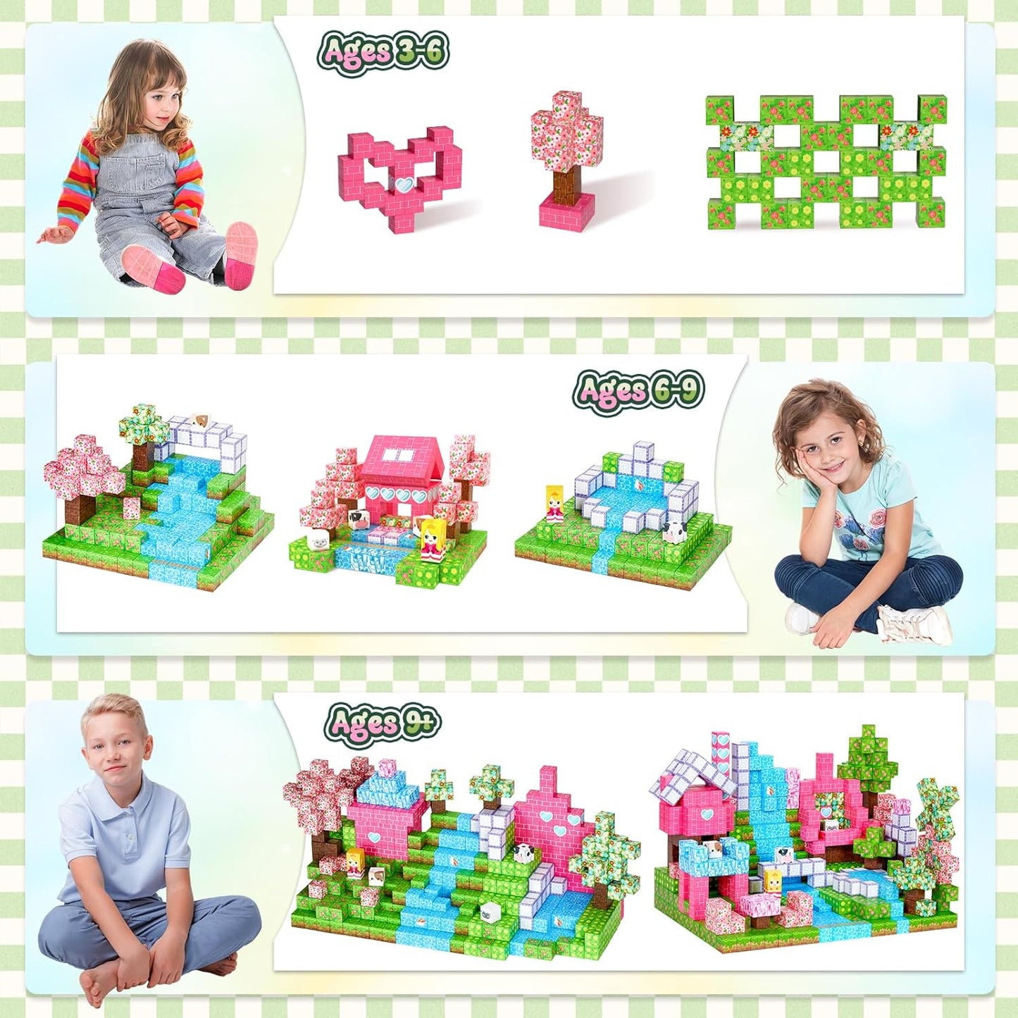 Magnetische Bausteine Blöcke-Set, Rosa + Grün