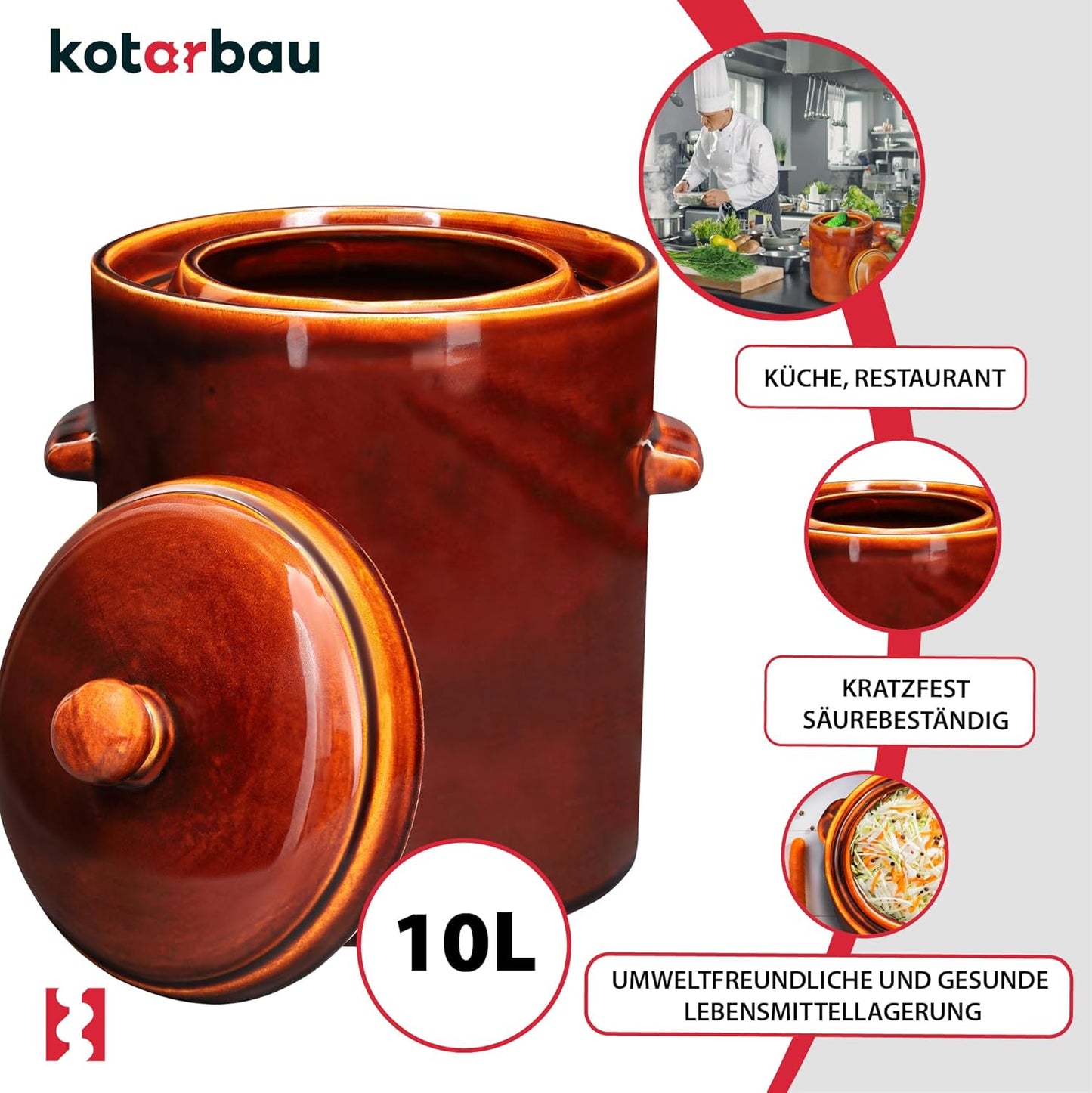Gärtopf mit Hermetikdeckel, 10 L, 10 L Braun