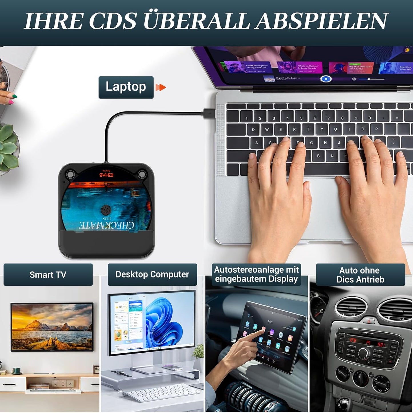 Externer Auto CD-Player mit USB/AUX-Anschluss