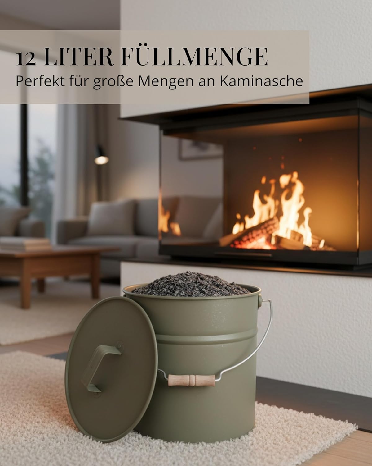 Ascheeimer für Kamine, Moosgrau