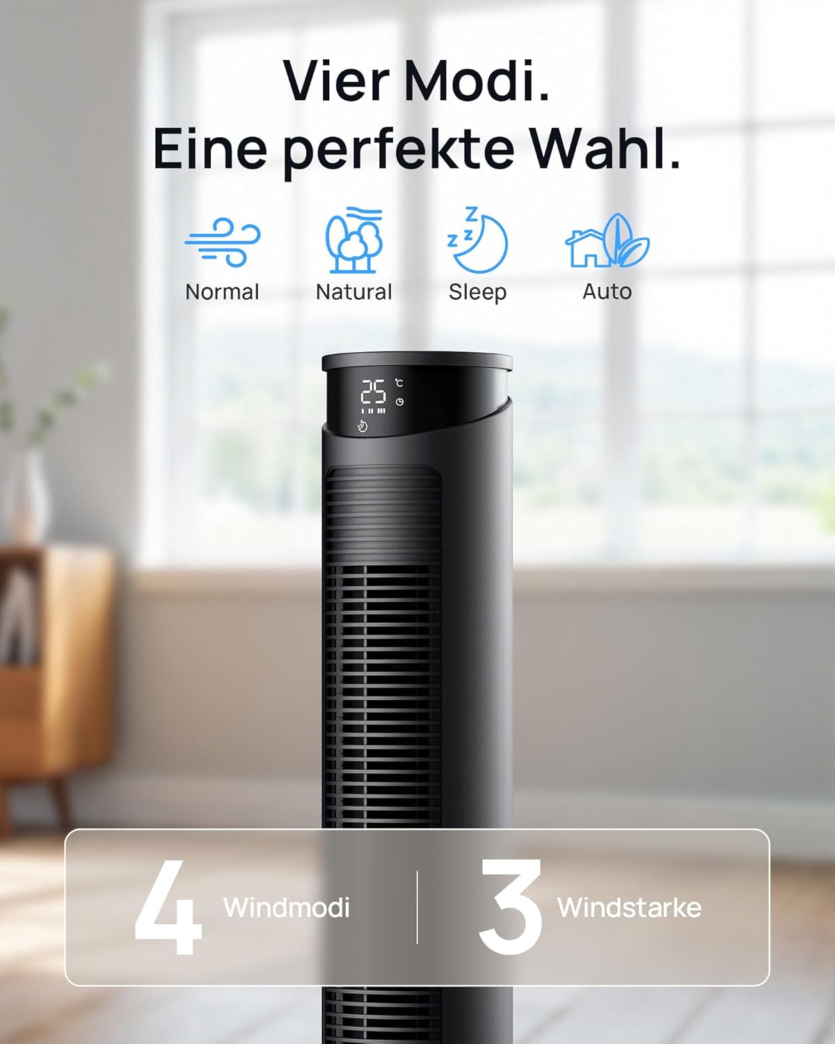 Leiser Turmventilator mit Fernbedienung, 75° Oszillation, 93 cm