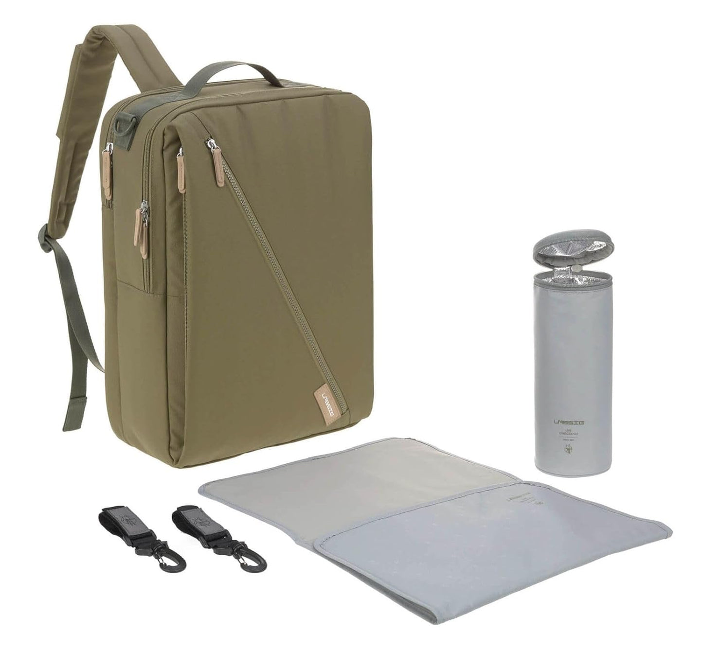 Wickelrucksack mit Wickelunterlage und Kinderwagenbefestigung, Olive