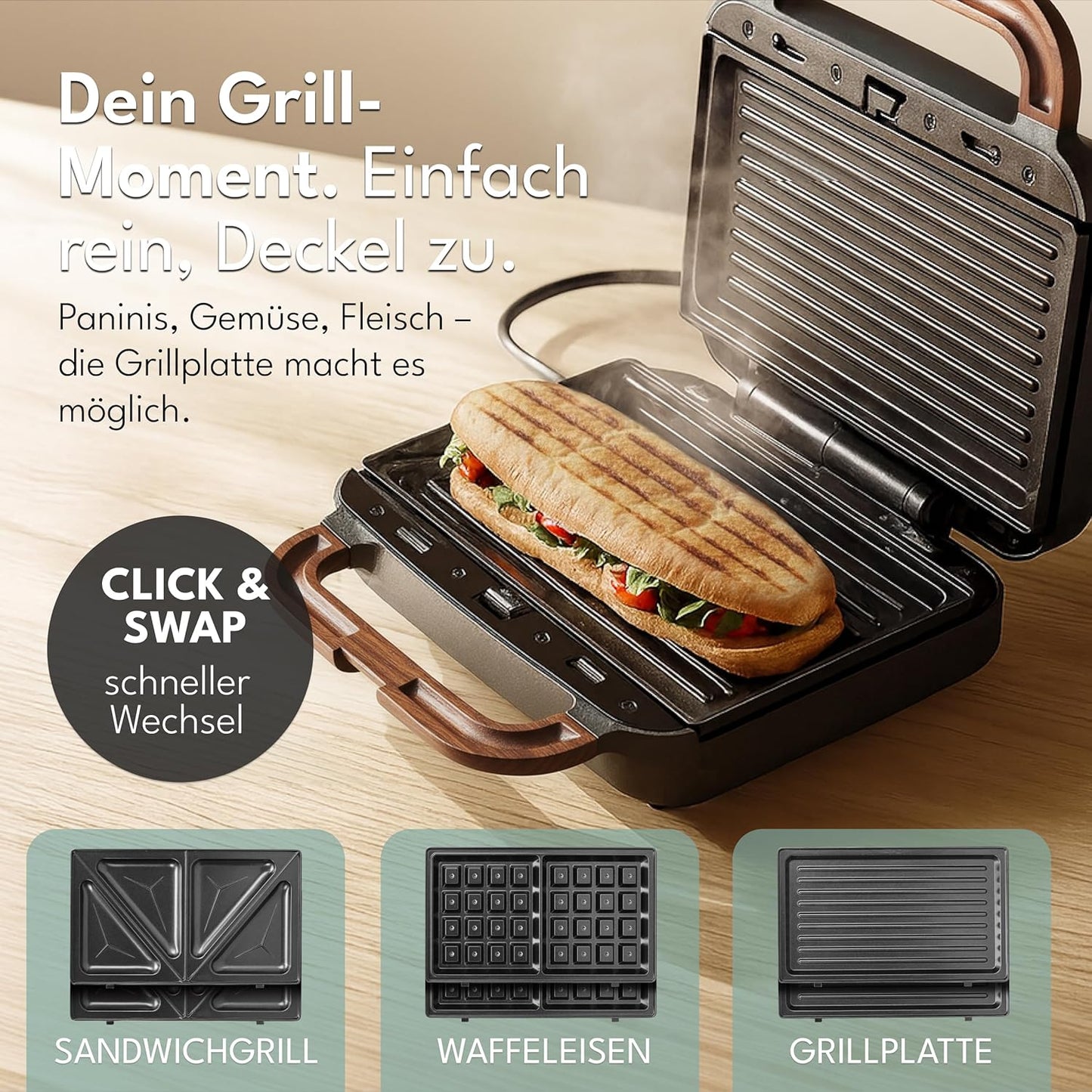 Sandwichmaker 3-in-1 mit Grill- und Waffeleinsätzen, Schwarz - 750w