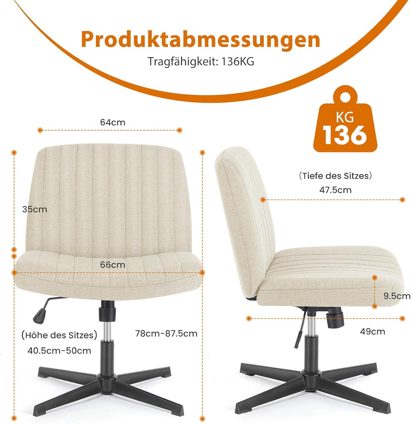 Höhenverstellbarer Bürostuhl, Beige Fabric
