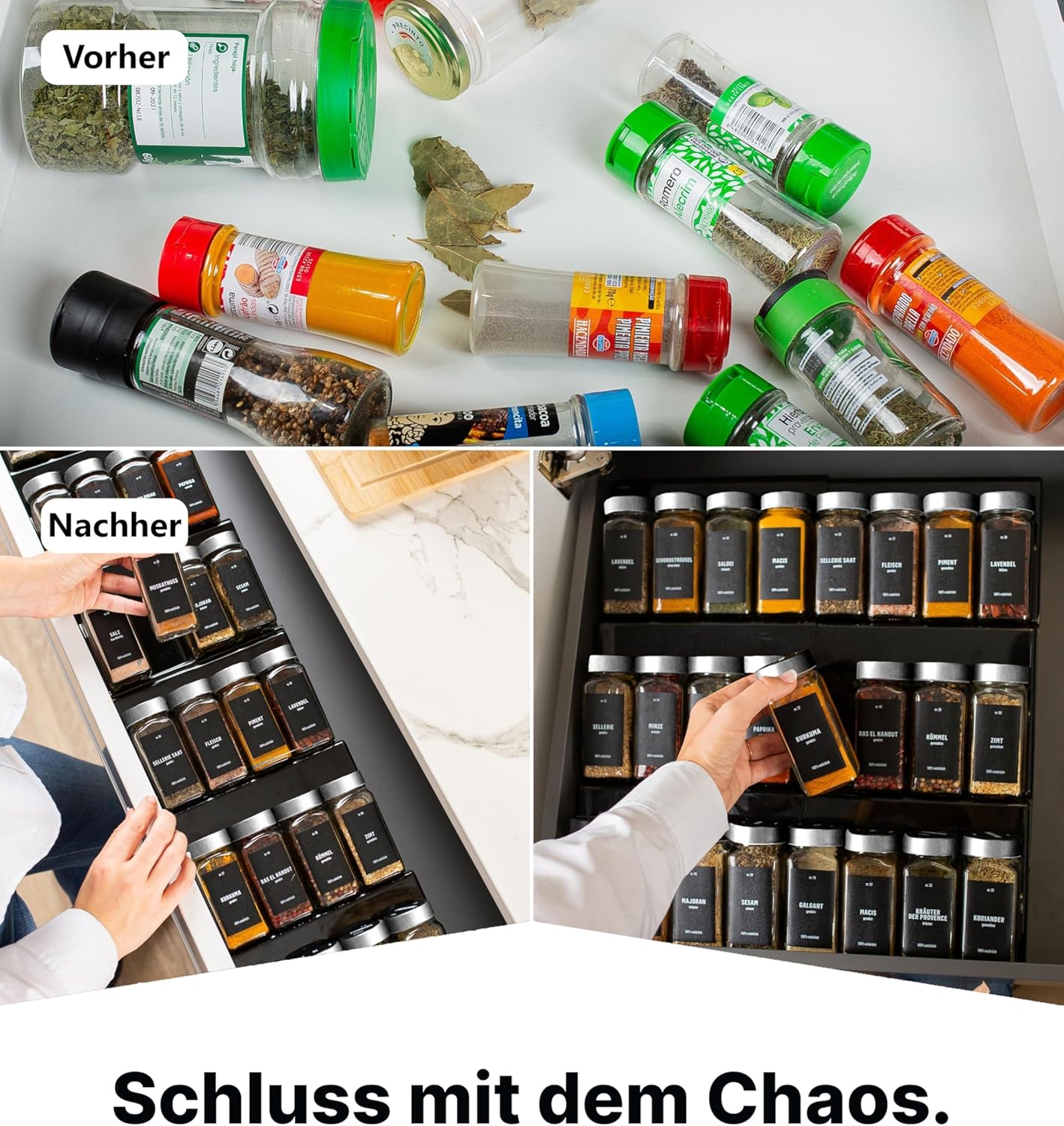 Gewürzgläser-Set mit Schubladeneinsatz, 24 Stk, ausziehbar, Schwarz, Deckel Edelstahl