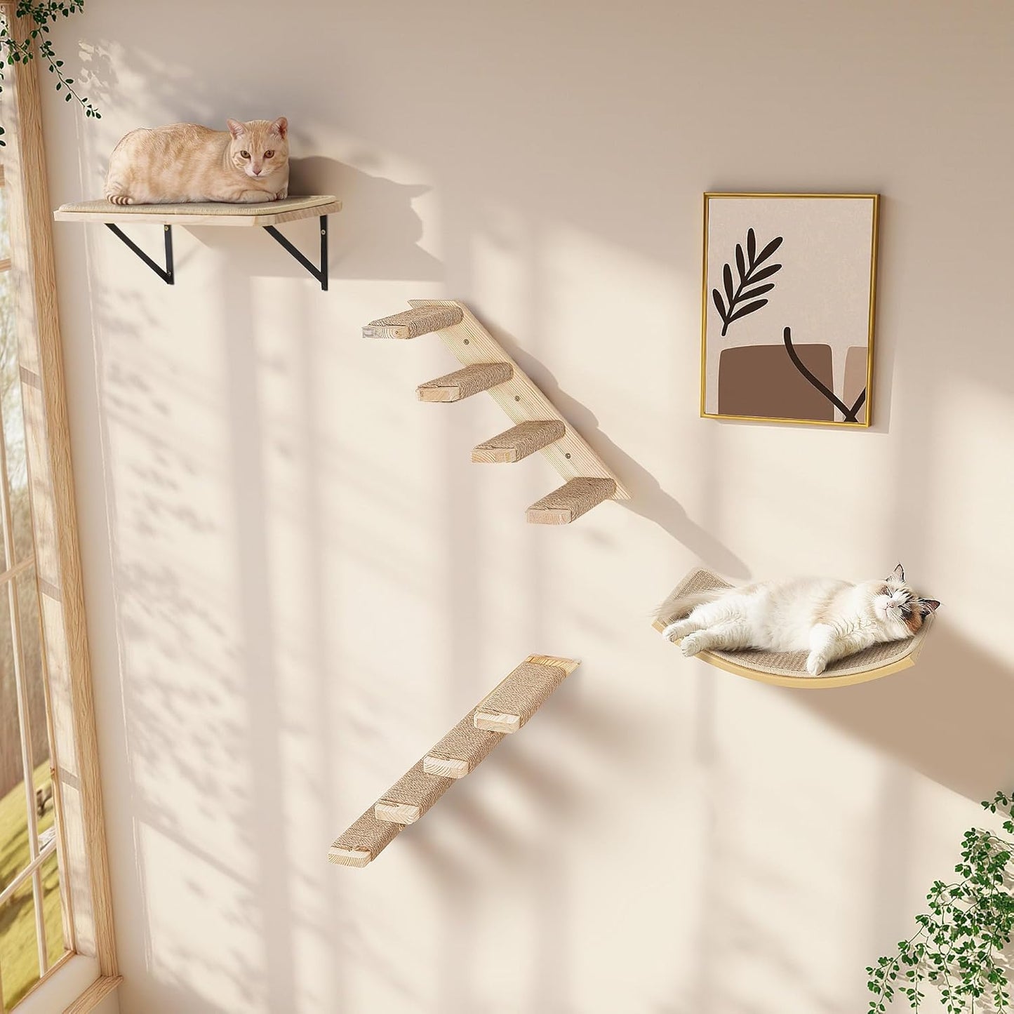 Katzen-Kletterwand Set mit Plattformen und Regalen, Gelb 2PC Vier Stufen + 2PC Katze Wandregal