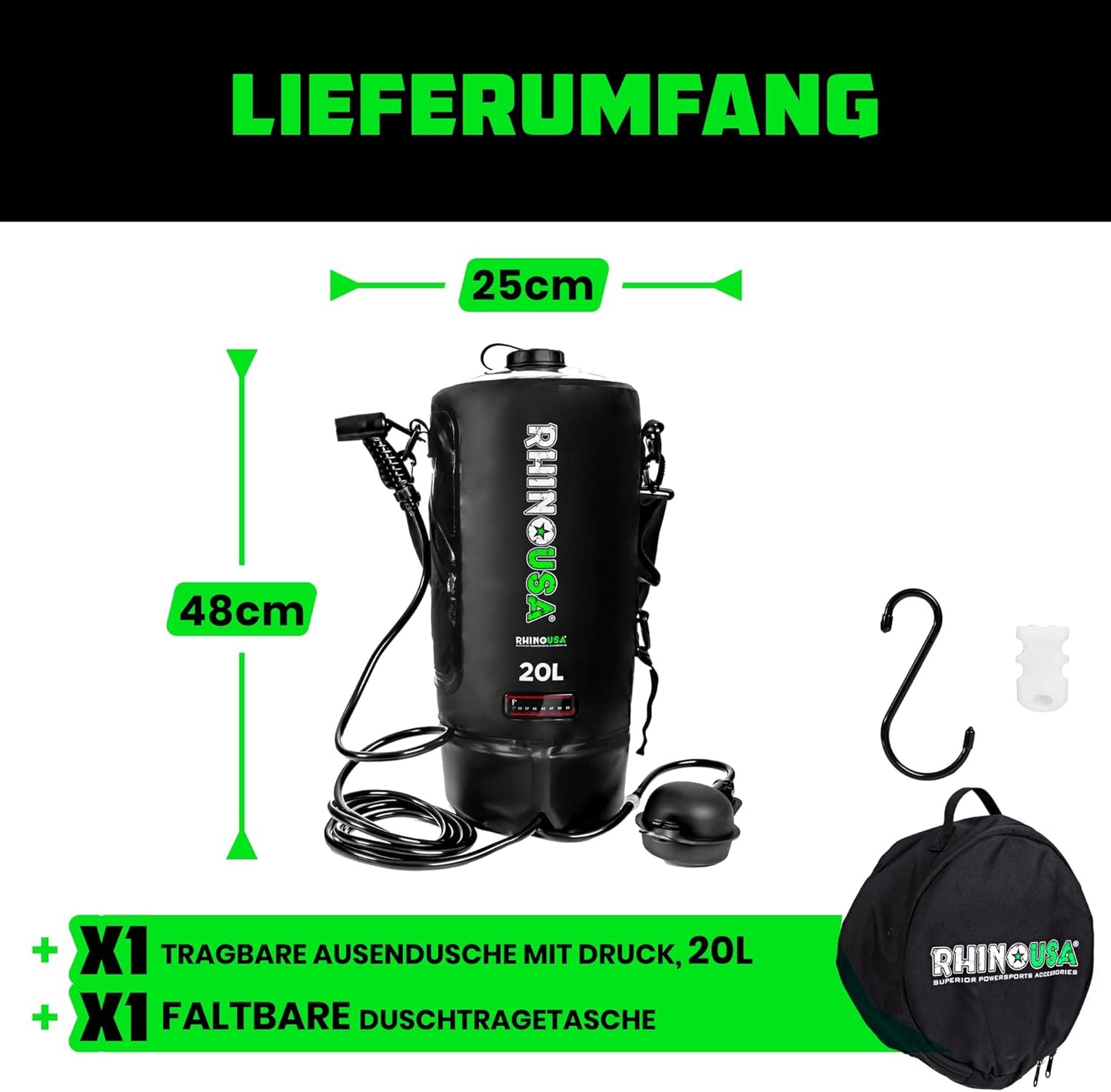 Tragbare Solar-Campingdusche, Schwarz