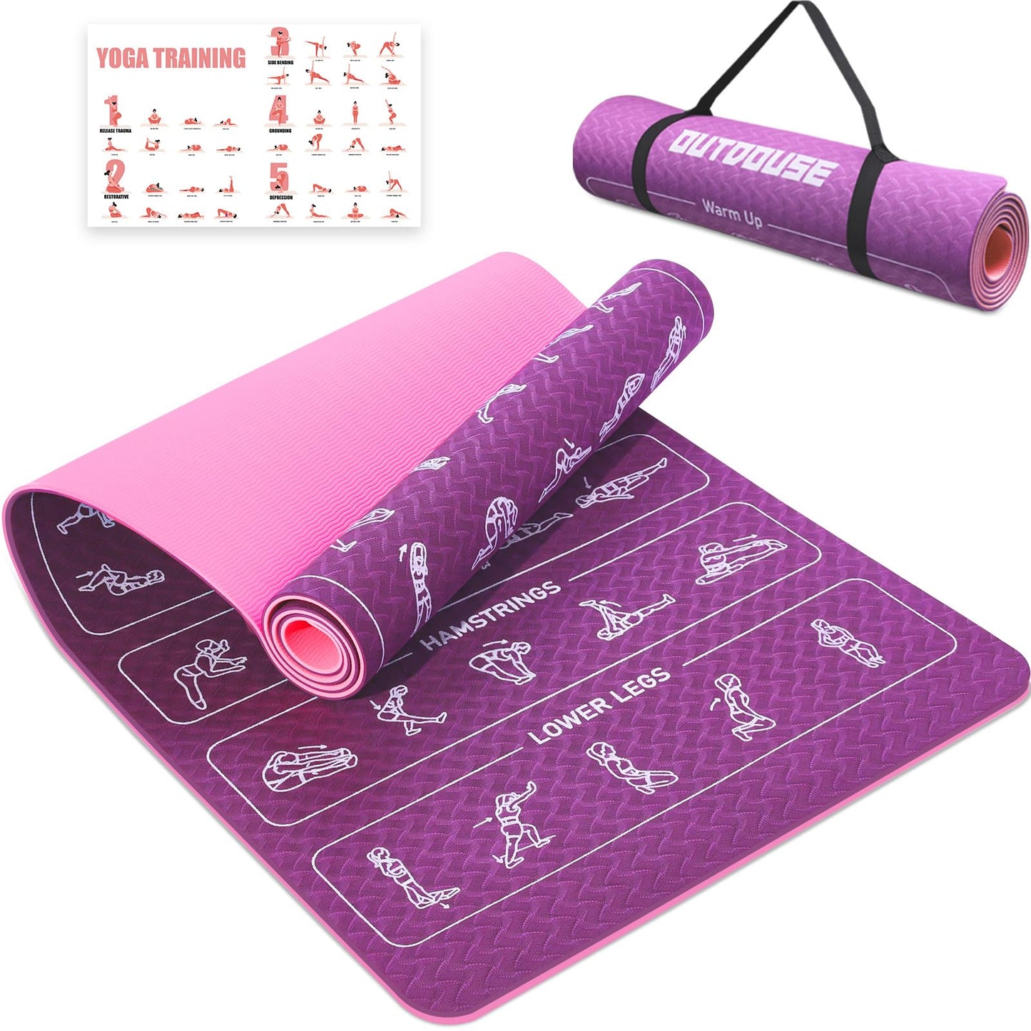 Rutschfeste Yogamatte mit 70 Yoga-Posen, Pink-Lila mit 70 Posen 183x61x0.6cm