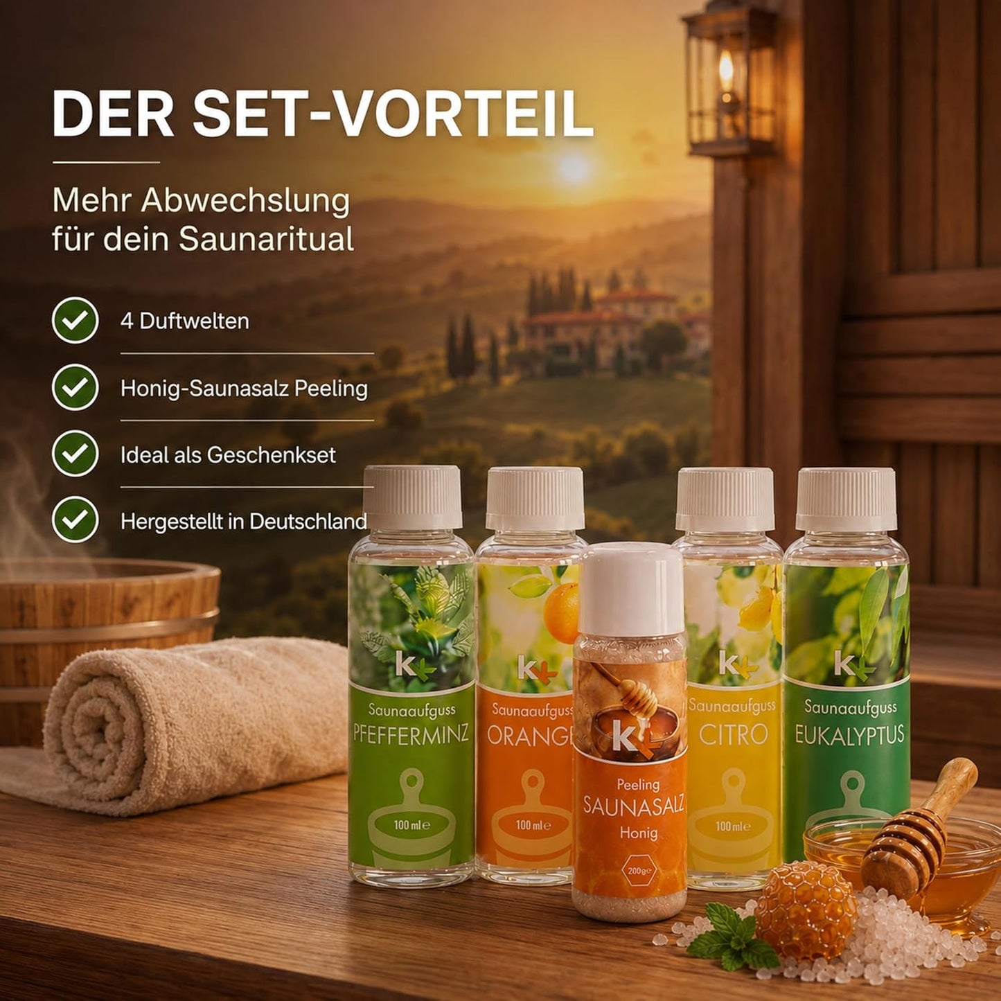 Saunaaufguss Geschenkset Toskana mit Honig Peeling, 4x100ml, Toskana
