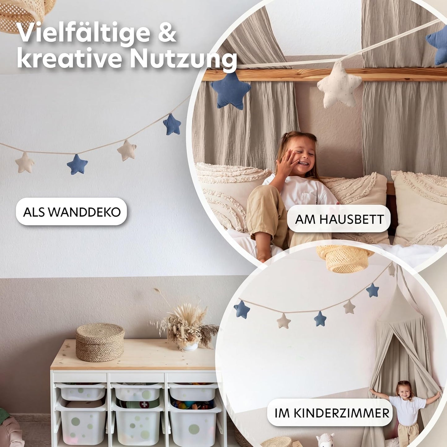 Sternenkette mit Goldapplikation, Blau & Hellbeige Sterne mit Goldapplikation
